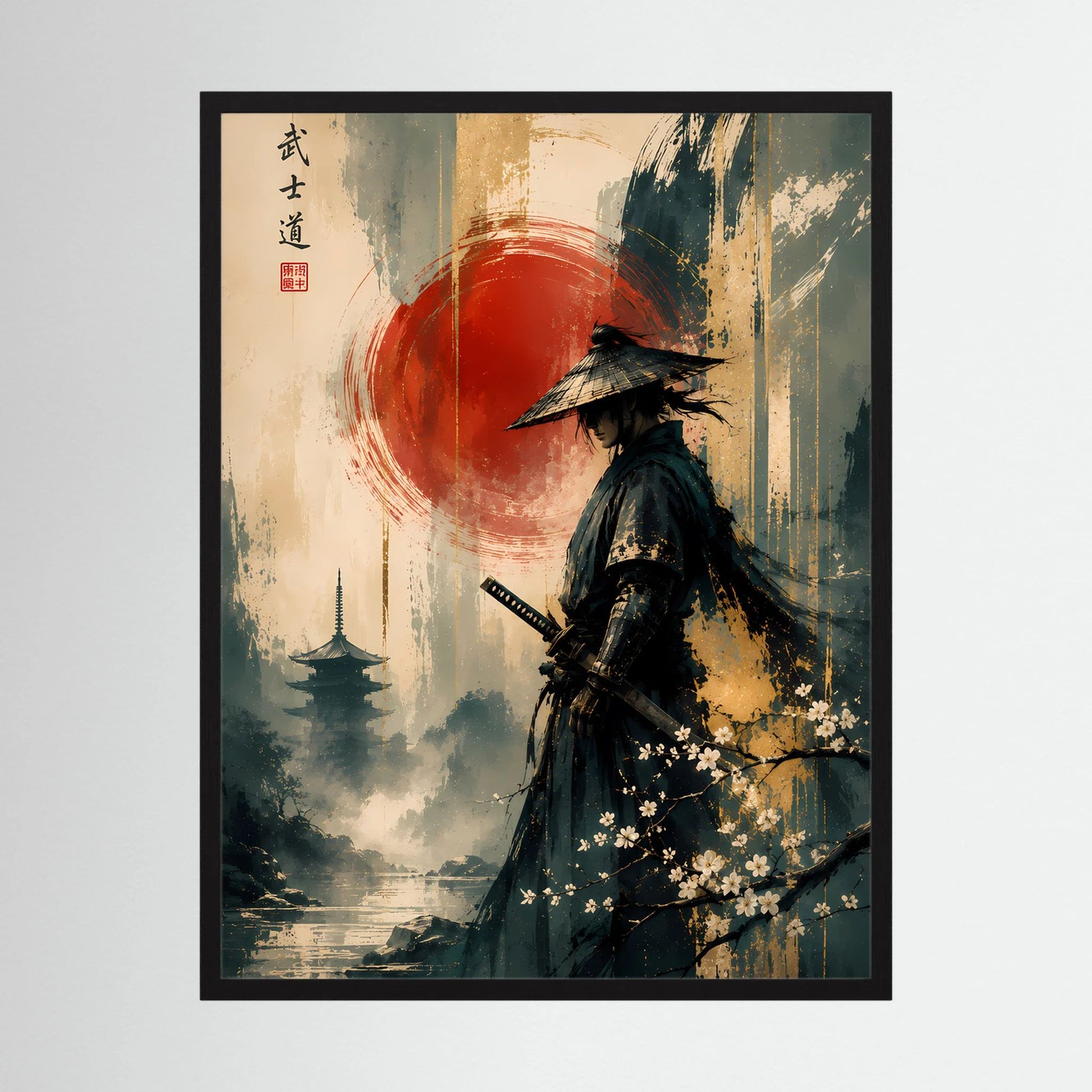 Hochformatiges Poster mit Samurai in dunklem Gewand vor roter Sonne und Kirschblüten