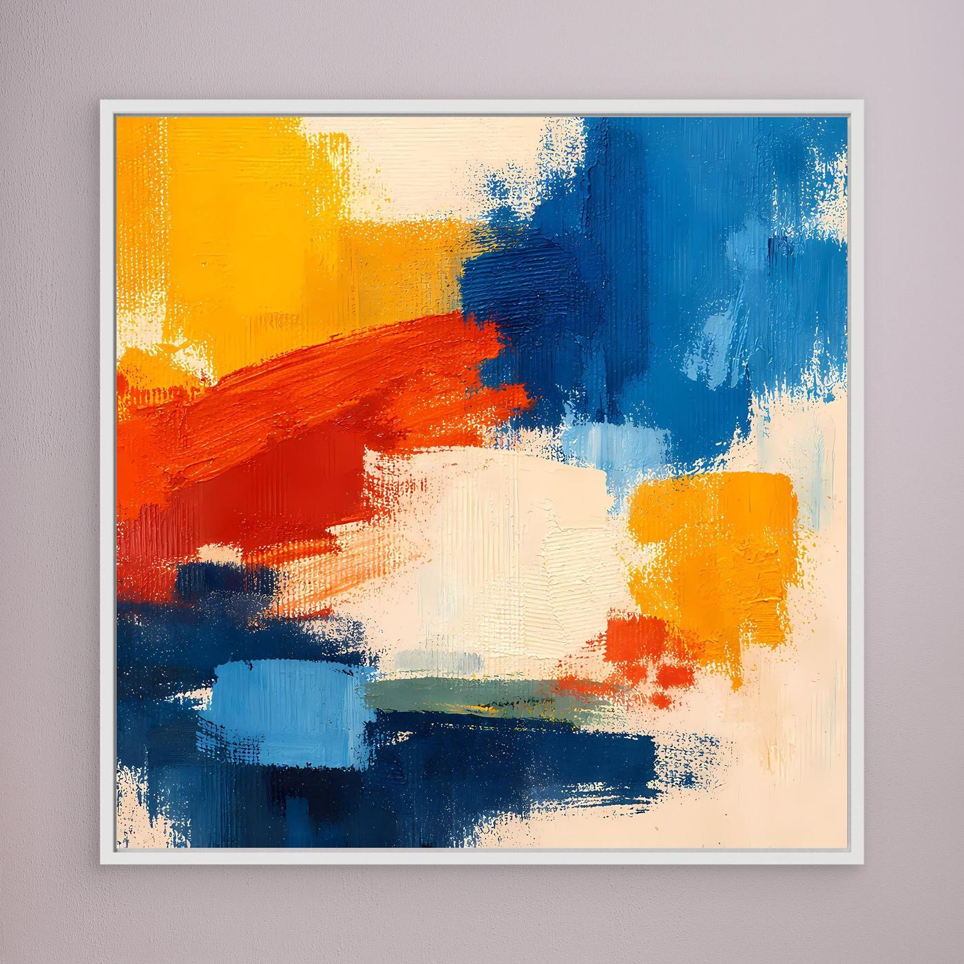 Abstract canvas wall art with bold blue, red, yellow brush strokes in a white frame