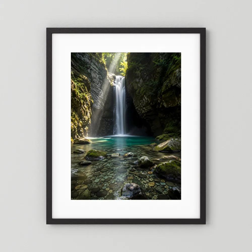 Hochformat-Poster im schwarzen Rahmen mit weißem Rand: Wasserfall im grünen Canyon