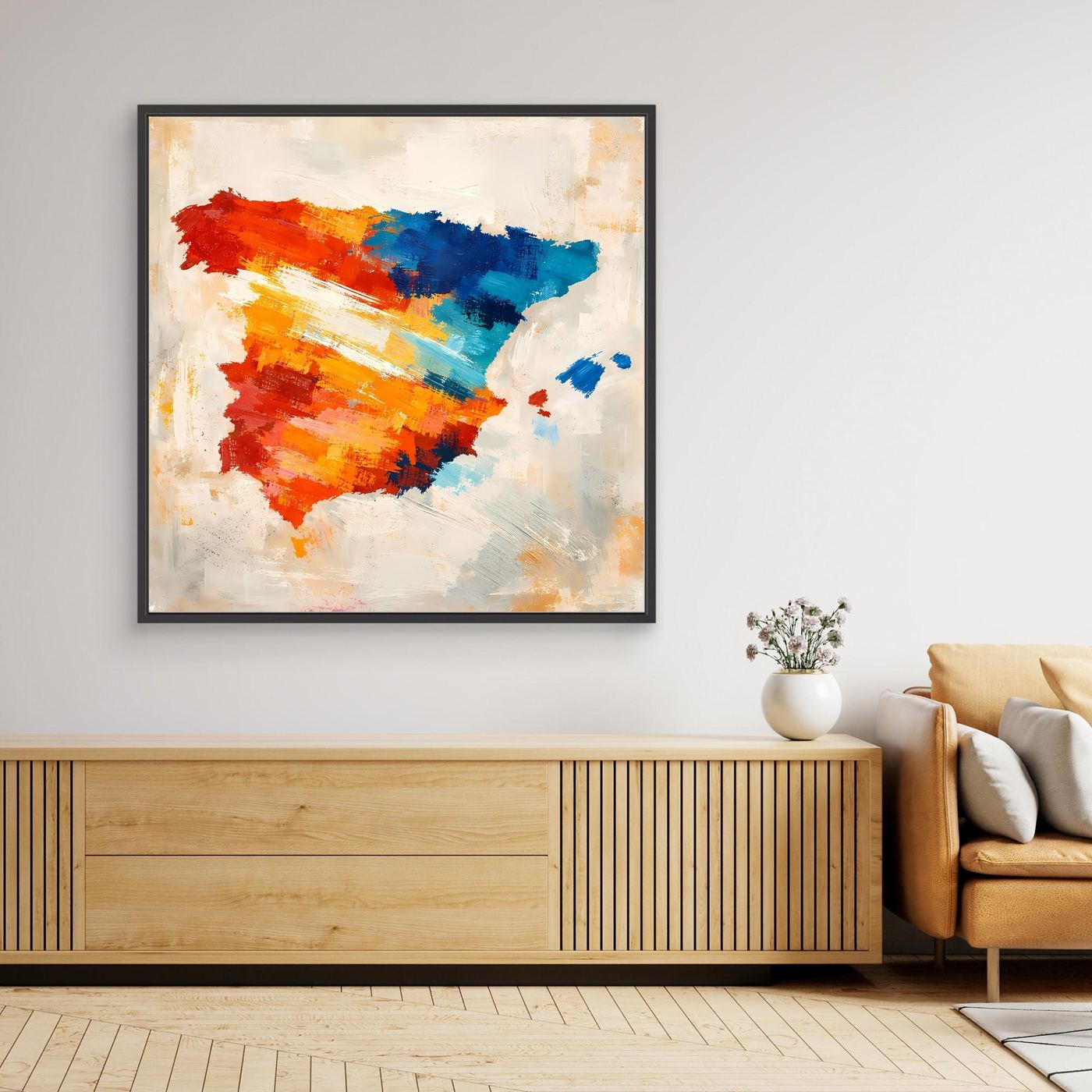 Black-framed abstract Spain map canvas wall art, multicolor silhouette on light background