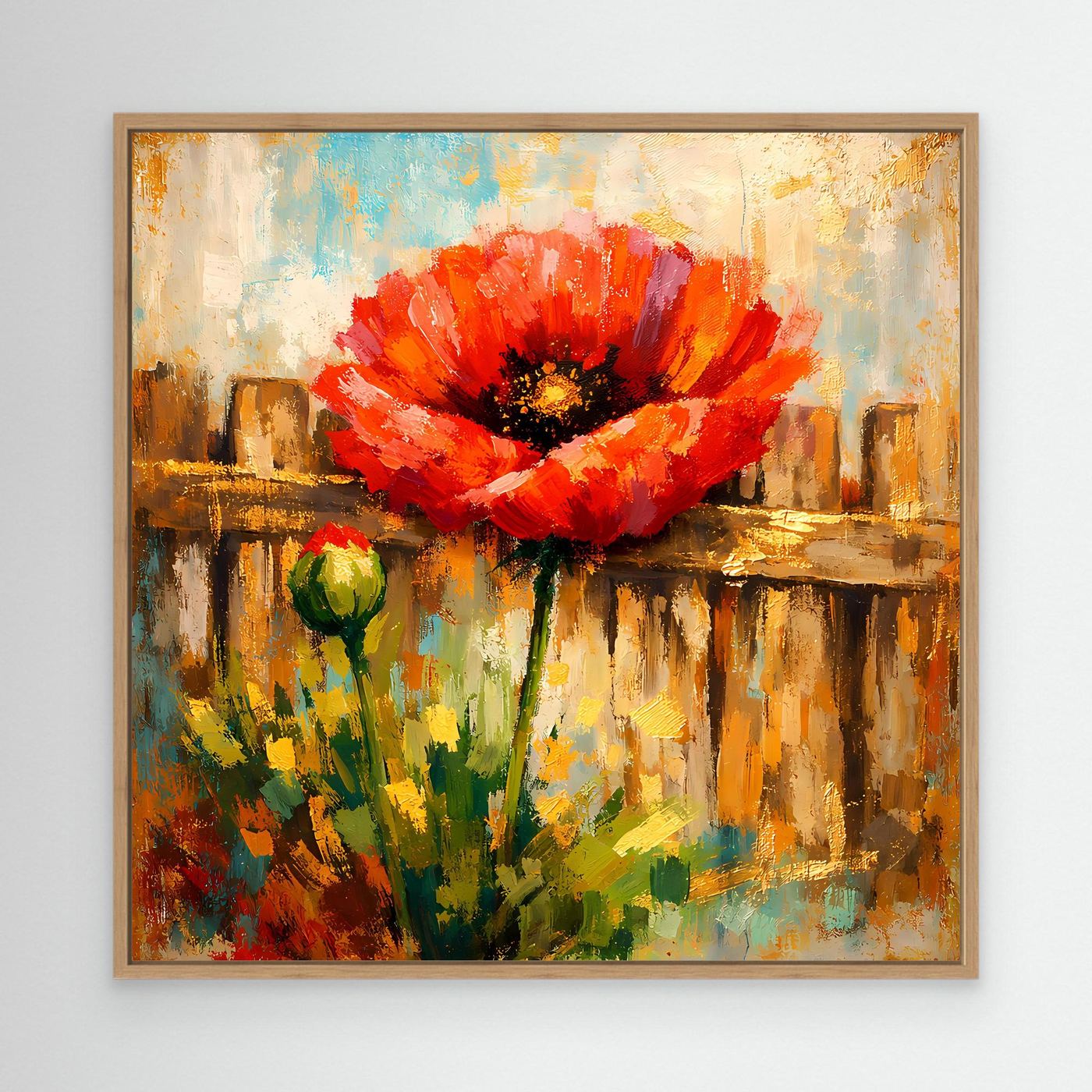 Leinwandbild mit abstrakter roter Mohnblume und grünem Stiel, Eichenrahmen