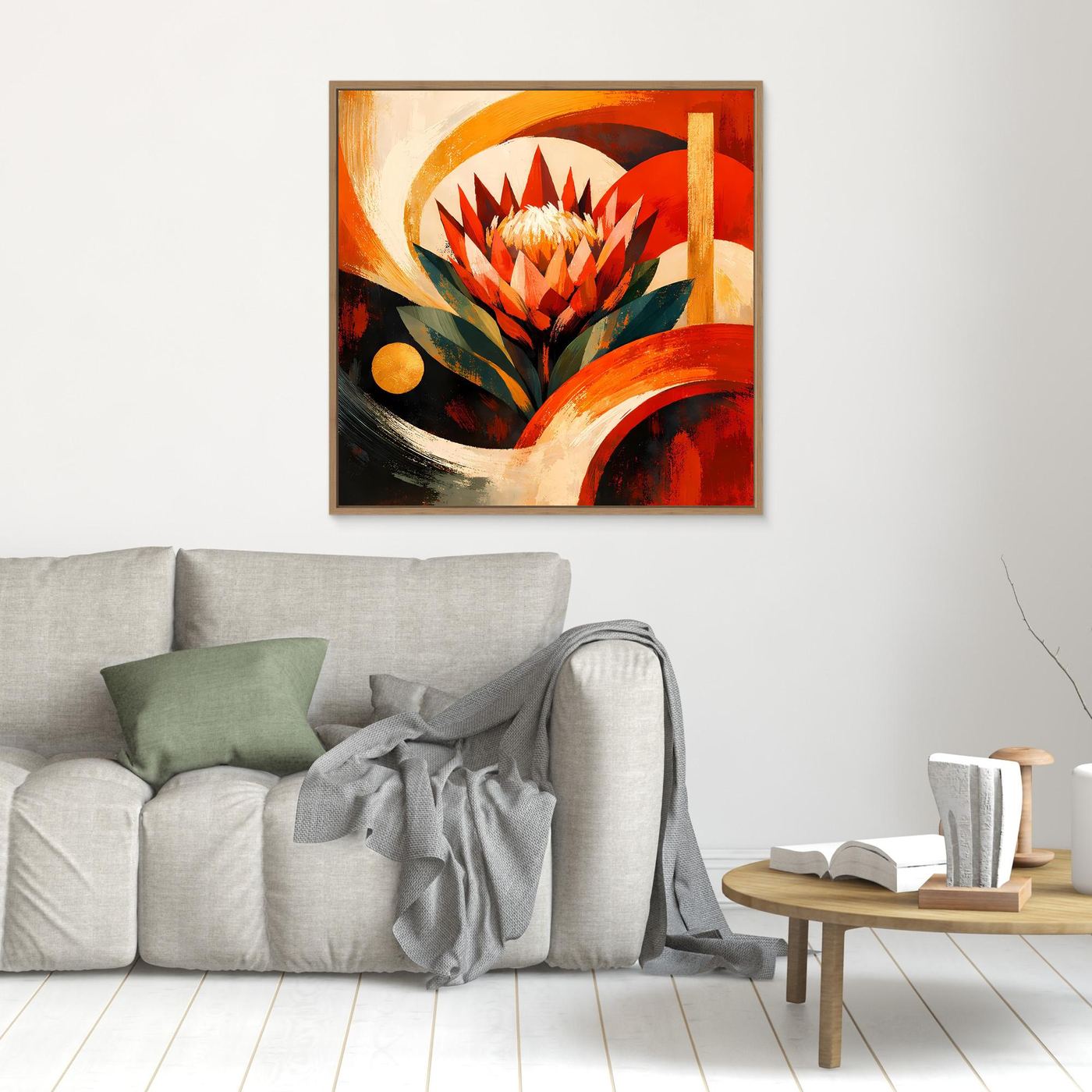 Kleines Leinwandbild mit abstrakter Protea, Holzrahmen, rote und goldene Blumenkomposition