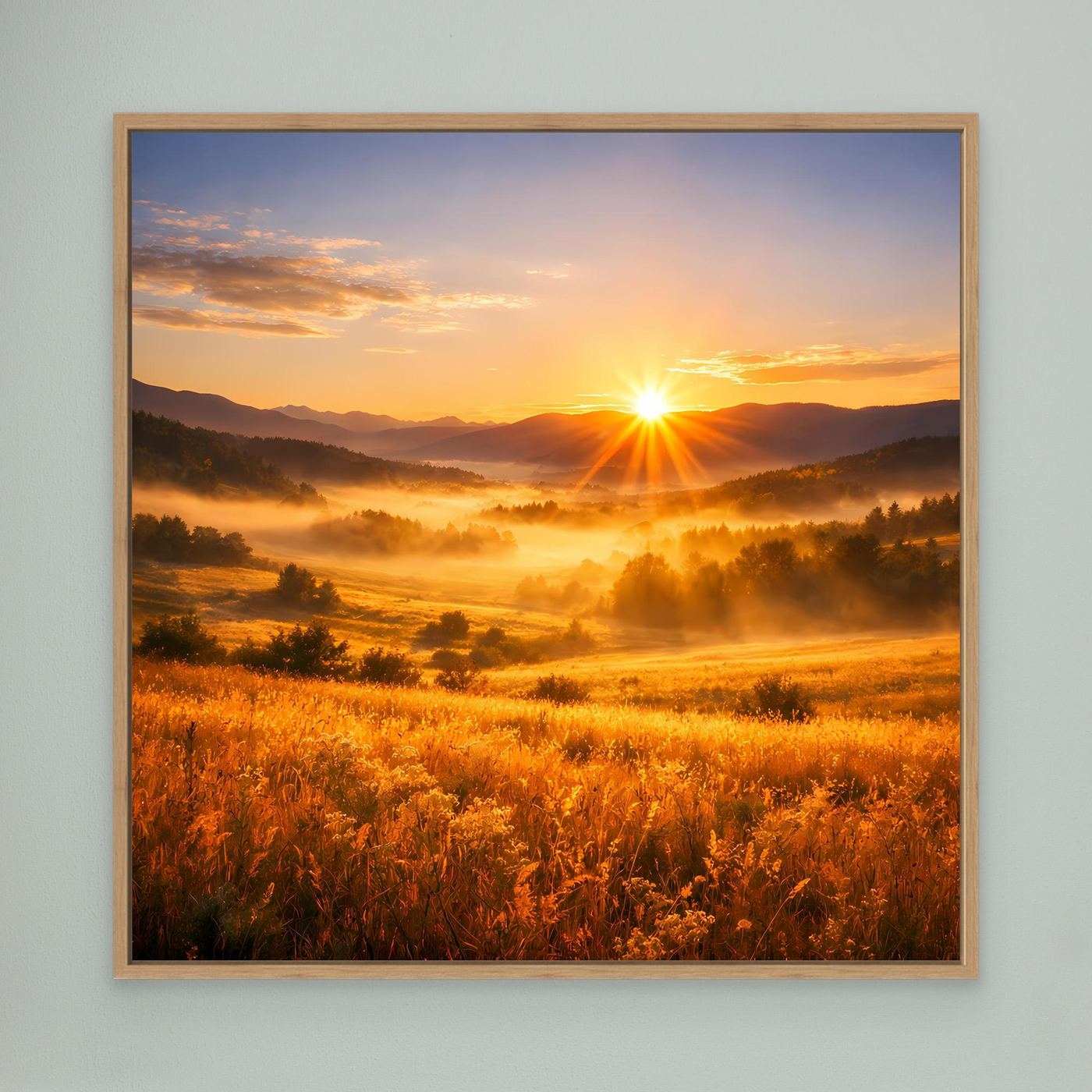 Leinwandbild im Eichenrahmen mit goldenem Sonnenaufgang über Bergtal, Nebelwiesen darunter.