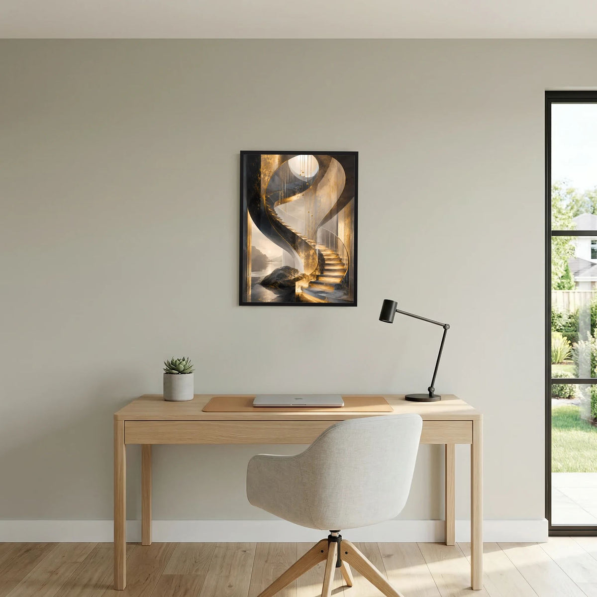 Poster im Hochformat mit schwarzem Rahmen: goldene Wendeltreppe mit Spiraldetails und Licht.