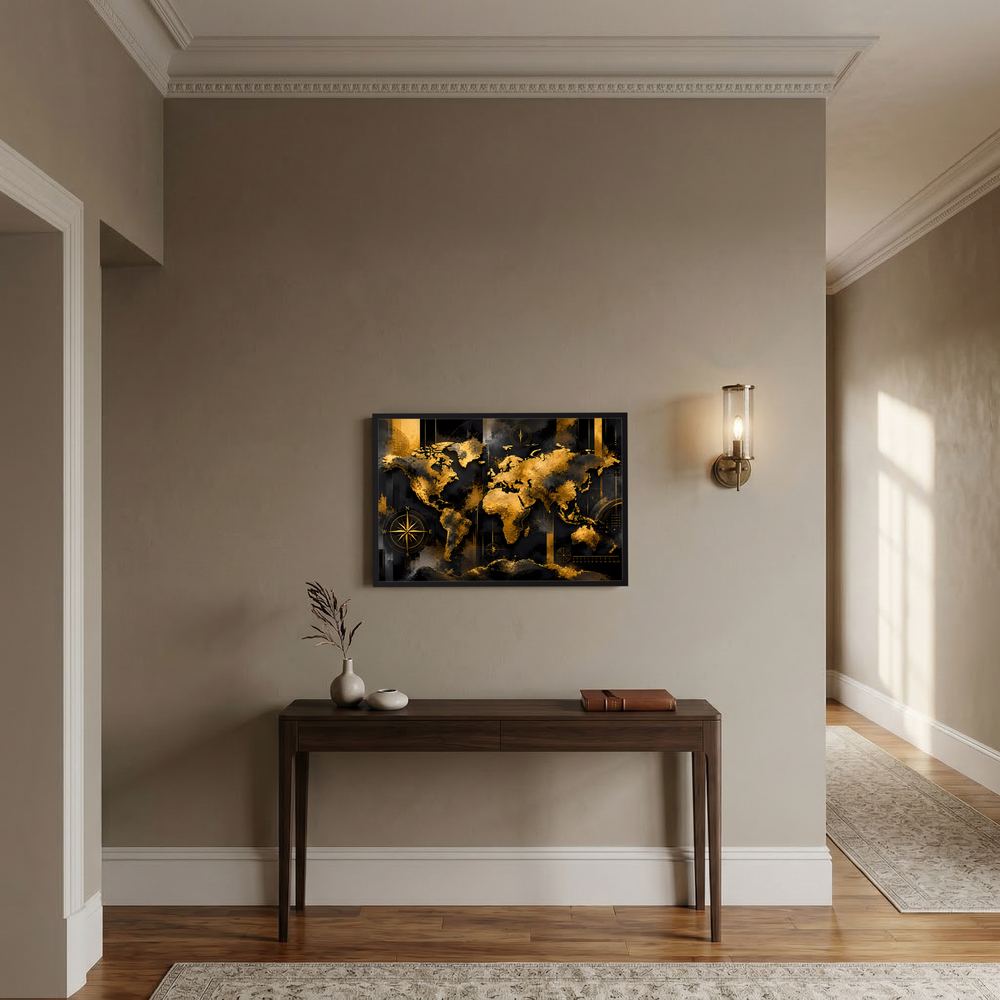 Gerahmte Weltkarte mit goldenem Relief und Kompass auf schwarzem Hintergrund, Querformat