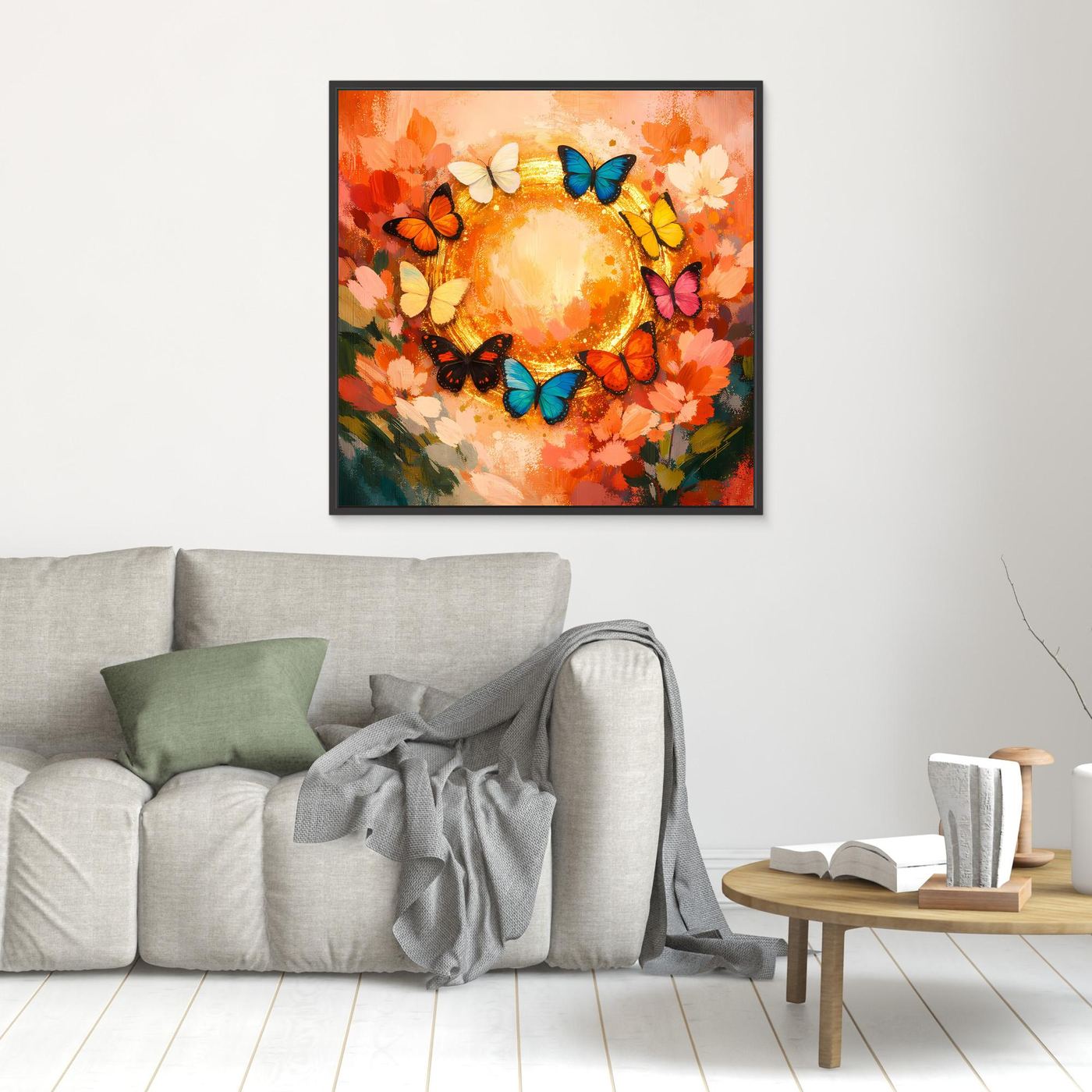 Leinwandbild mit Schmetterlingskreis: bunte Schmetterlinge um goldenen Mittelkreis, orange Blumen, schwarzer Rahmen