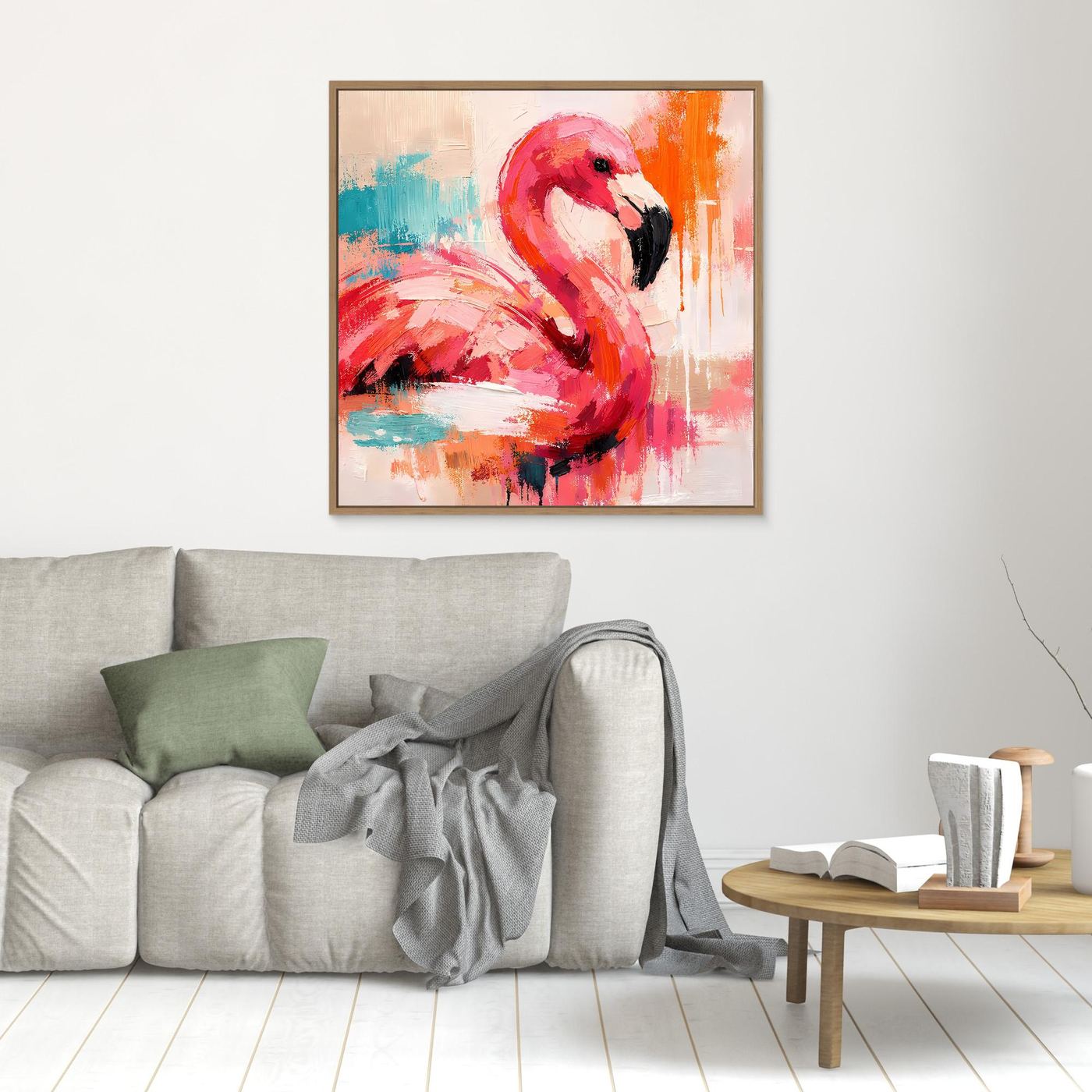 Gerahmtes Leinwandbild mit abstraktem Flamingo, rot, türkis, orange, goldener Rahmen