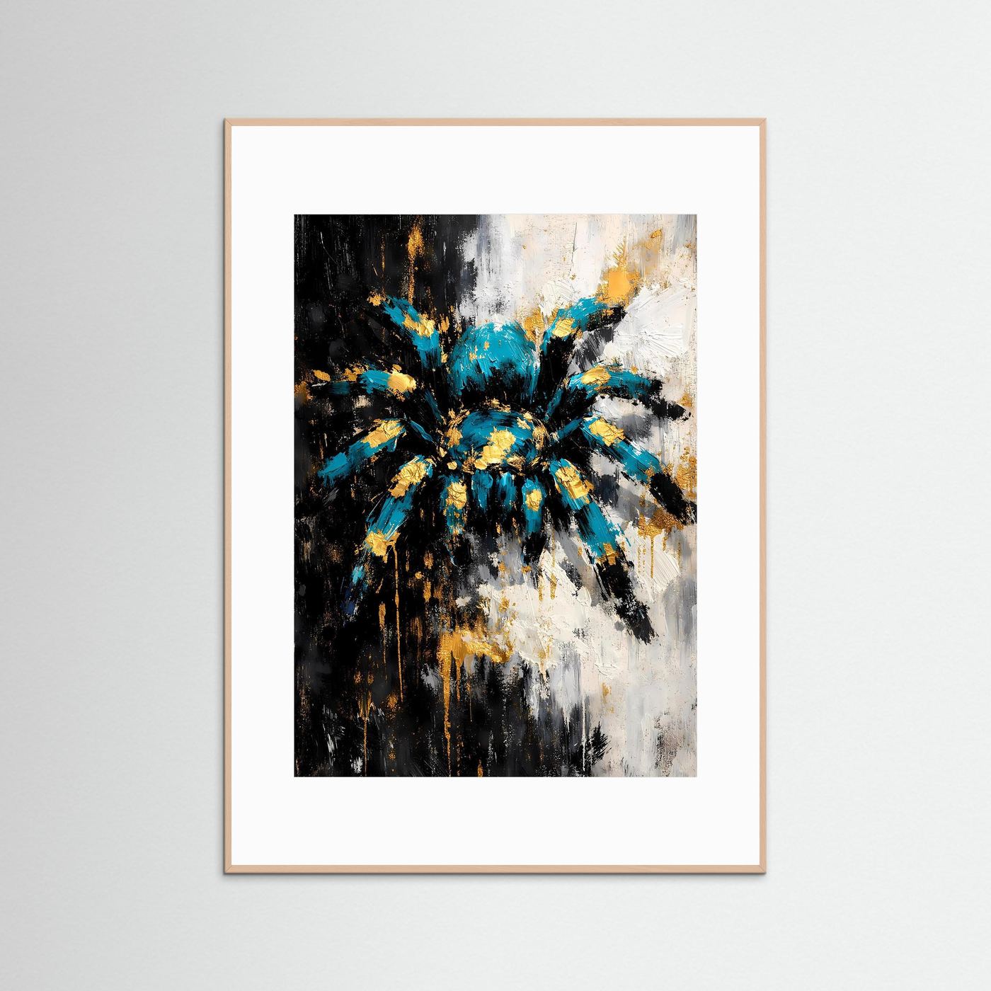 Abstraktes Kunstposter: türkis-blaue Spritzer, goldene Akzente im Radialmuster, heller Holzrahmen