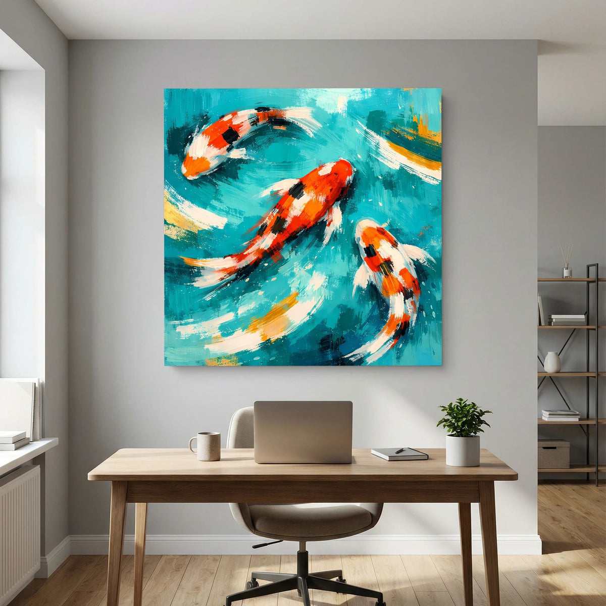 Wandbild mit zwei Koi-Karpfen auf türkisgrünem Wasser, Pinselstreifen in Orange und Weiß