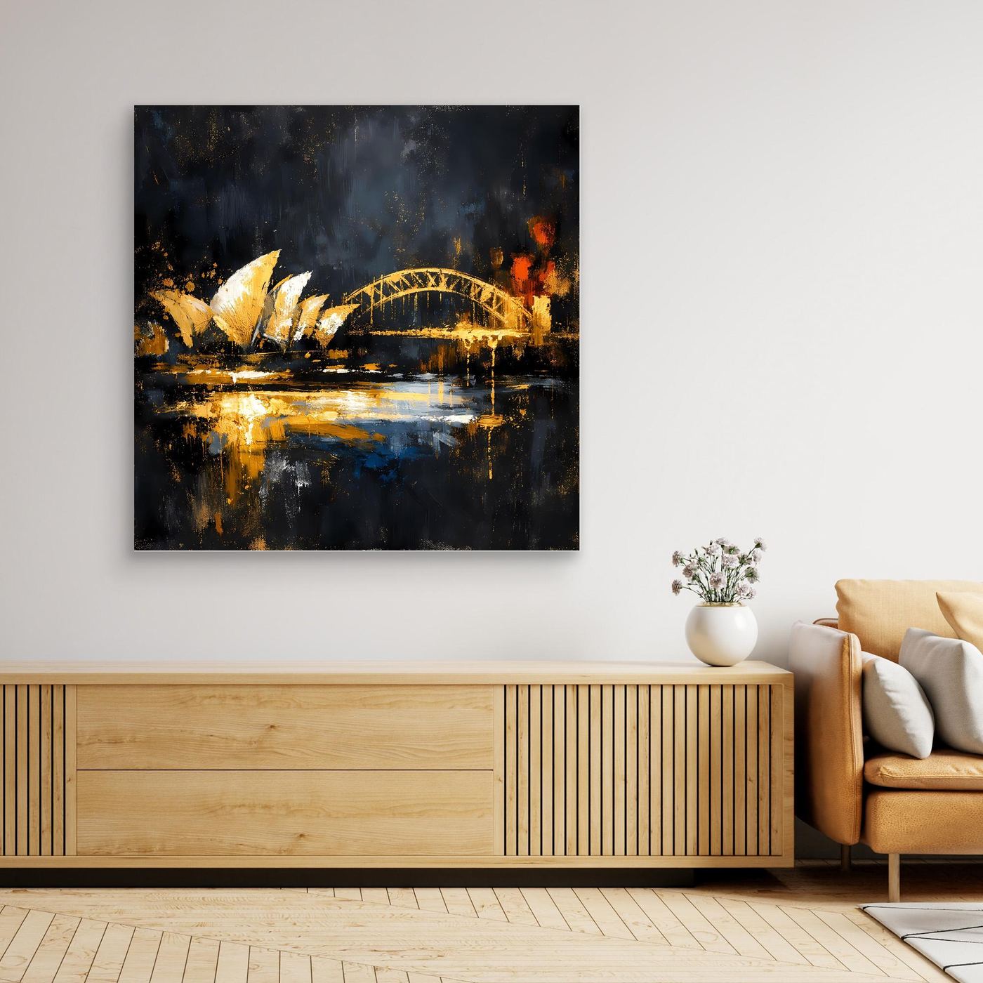 Leinwand Goldene Skyline von Sydney bei Nacht | Modernes Australien Wandbild