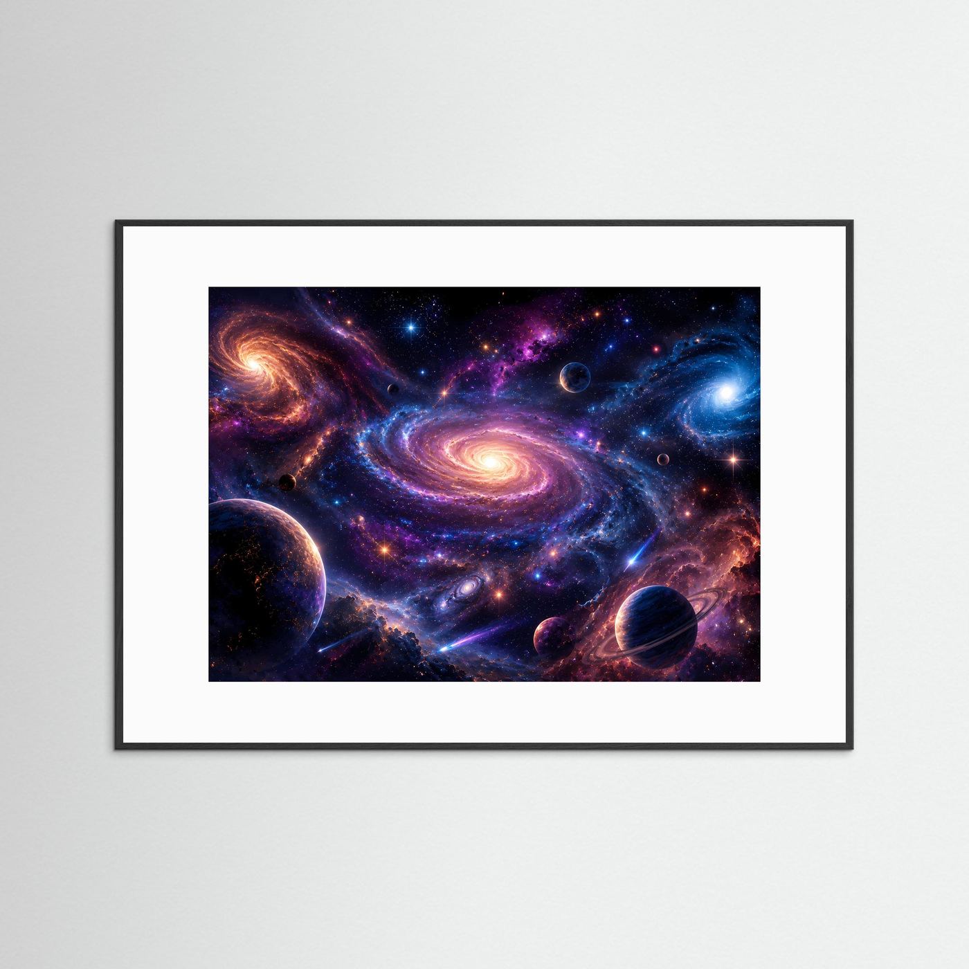 Poster im Querformat mit Galaxien-Motiv, schwarzer Holzrahmen und weißer Rand, Planeten