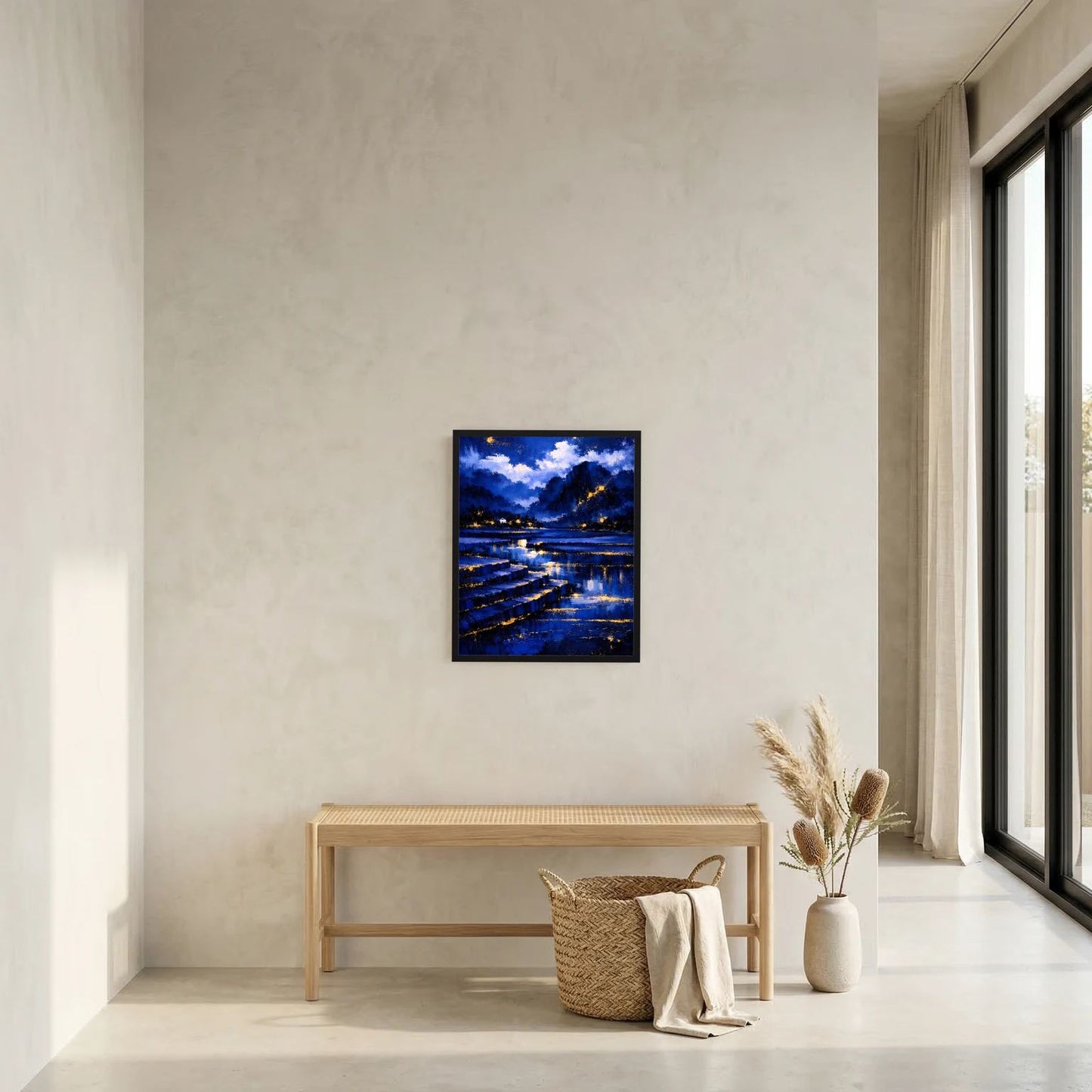Wandbild-Poster in kleinem Format mit blauer Nachtlandschaft und goldenen Reflexen am See