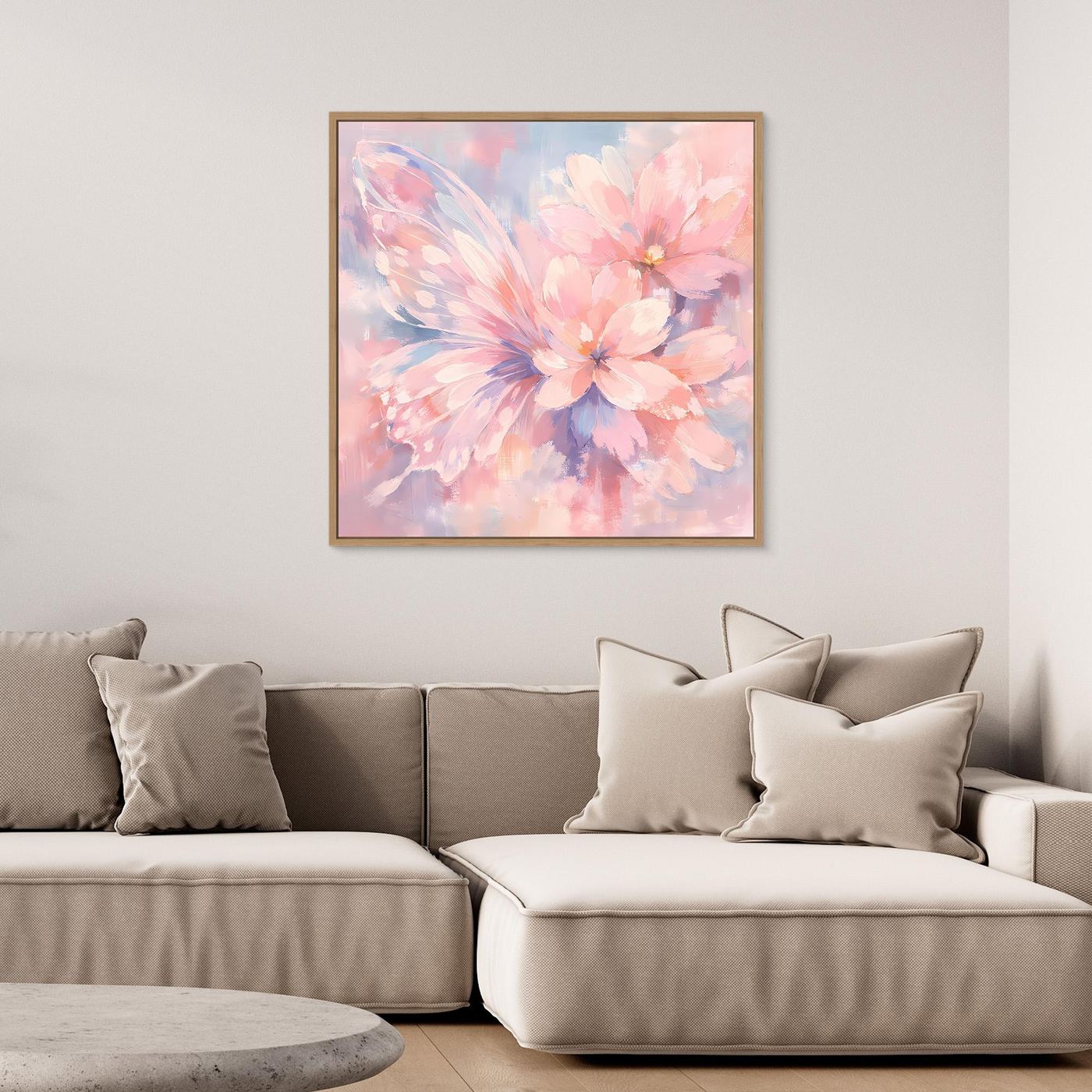 Leinwandbild mit Schmetterlingsblüte in Pastell, Eichenrahmen