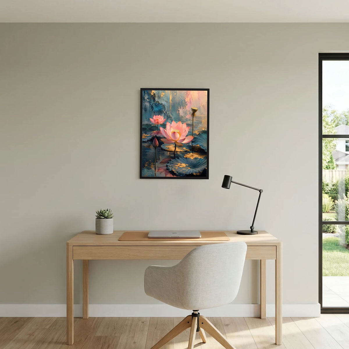 Gerahmtes Poster mit rosa Lotusblüten auf türkisfarbenem Wasser und goldenen Lichtreflexen