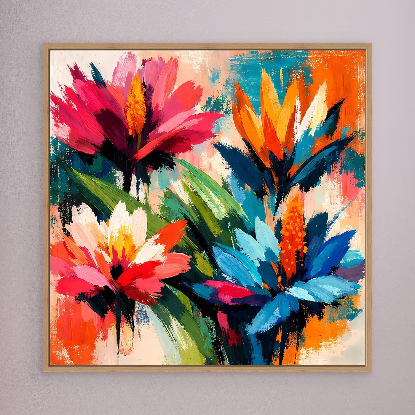 Canvas abstract tropical flower wall art with light wood frame, orange blue pink flowers
