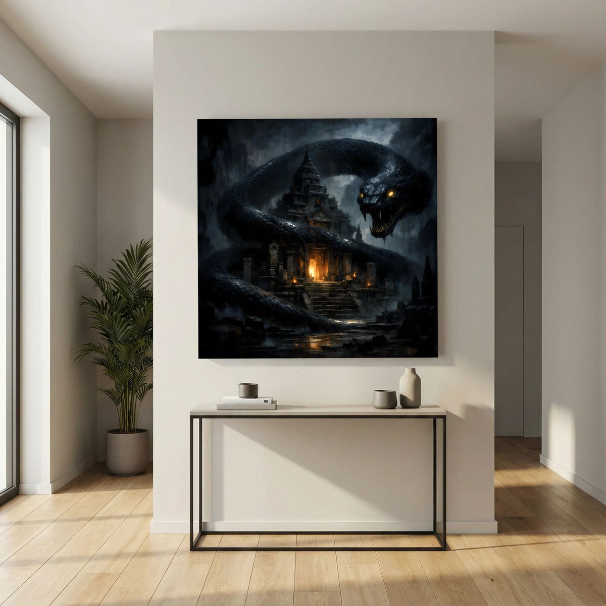 Fantasy-Leinwandbild: schwarze Schlange um eine Tempelanlage, goldenes Licht an den Stufen