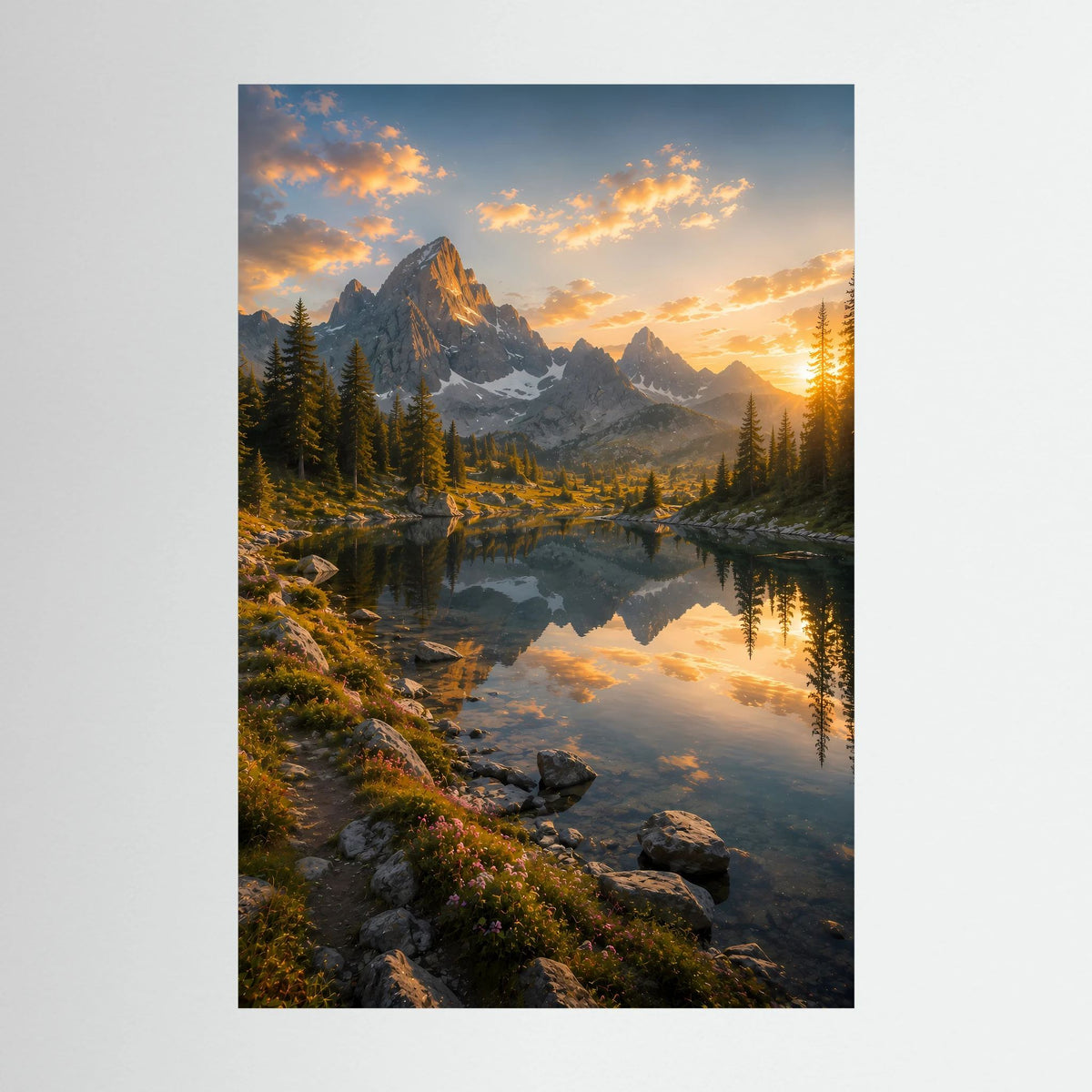 Bergsee bei Sonnenuntergang | Alpenpanorama mit Wasserspiegelung | Poster Hochformat