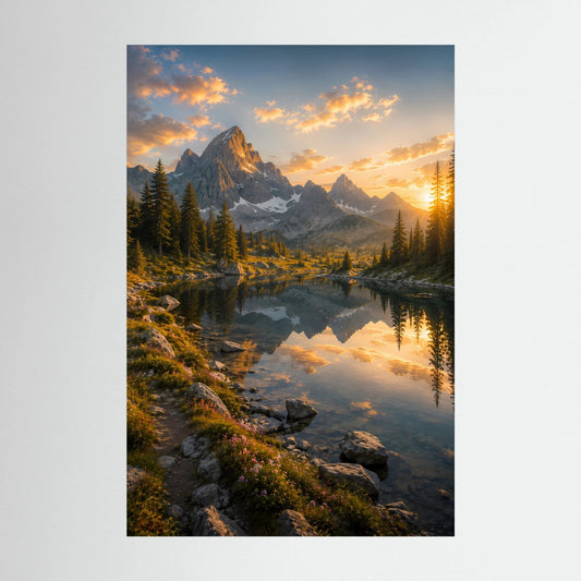 Bergsee bei Sonnenuntergang | Alpenpanorama mit Wasserspiegelung | Poster Hochformat