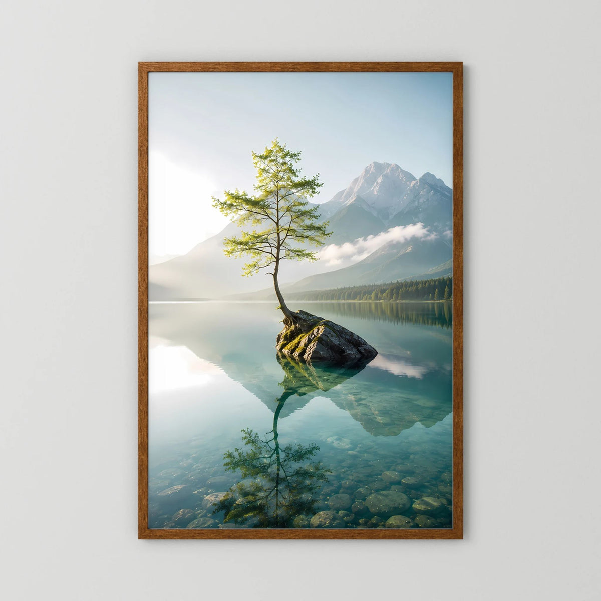Baum im Bergsee | Stille Berglandschaft mit Spiegelung | Poster Hochformat
