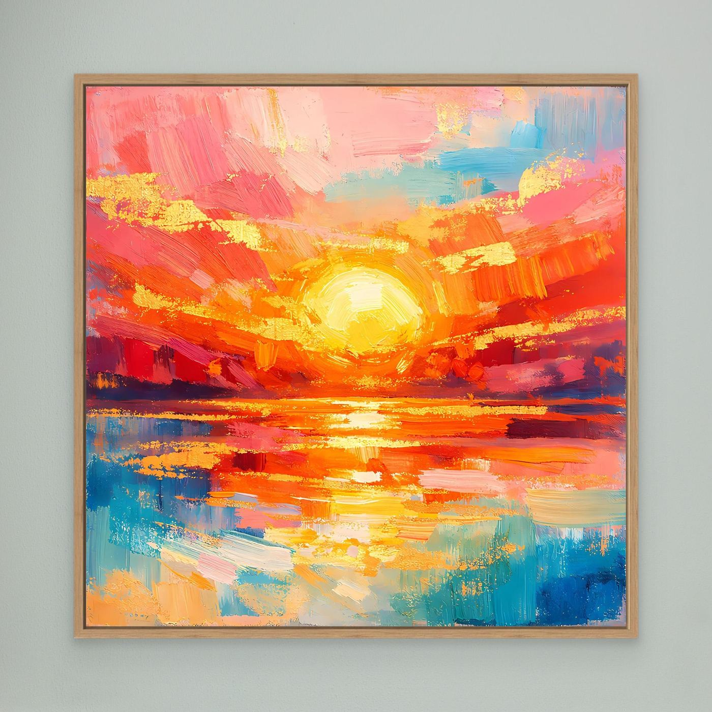 Leinwandbild abstraktes Meer mit aufgehender Sonne, Eichenrahmen, gelbe Sonne über Wasser