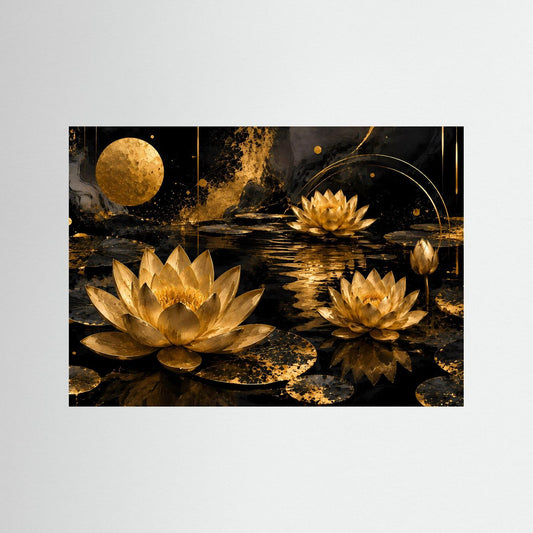 Wandbild mit goldenen Lotusblüten auf dunklem Wasser, mit schwarzem Rahmen