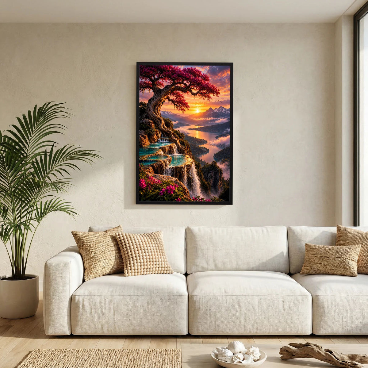 Magischer Baum über Bergsee | Wasserfälle im Sonnenuntergang | Poster Hochformat