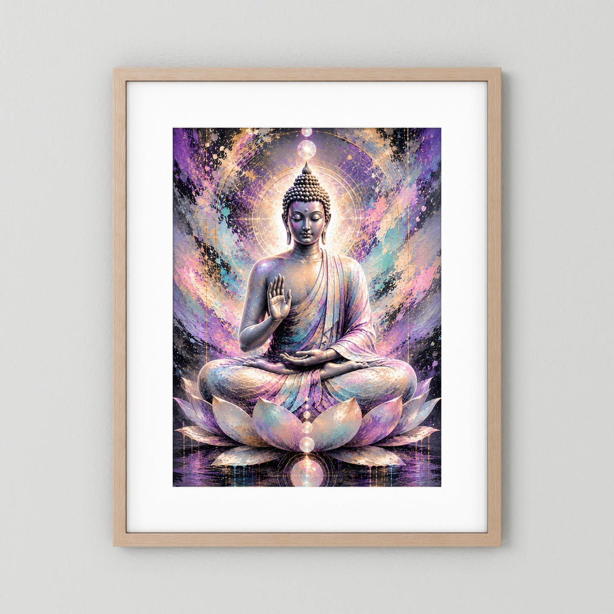 Gerahmtes Poster im Hochformat: sitzender Buddha in Pastellfarben, Lotus und Lichtring, heller Holzrahmen