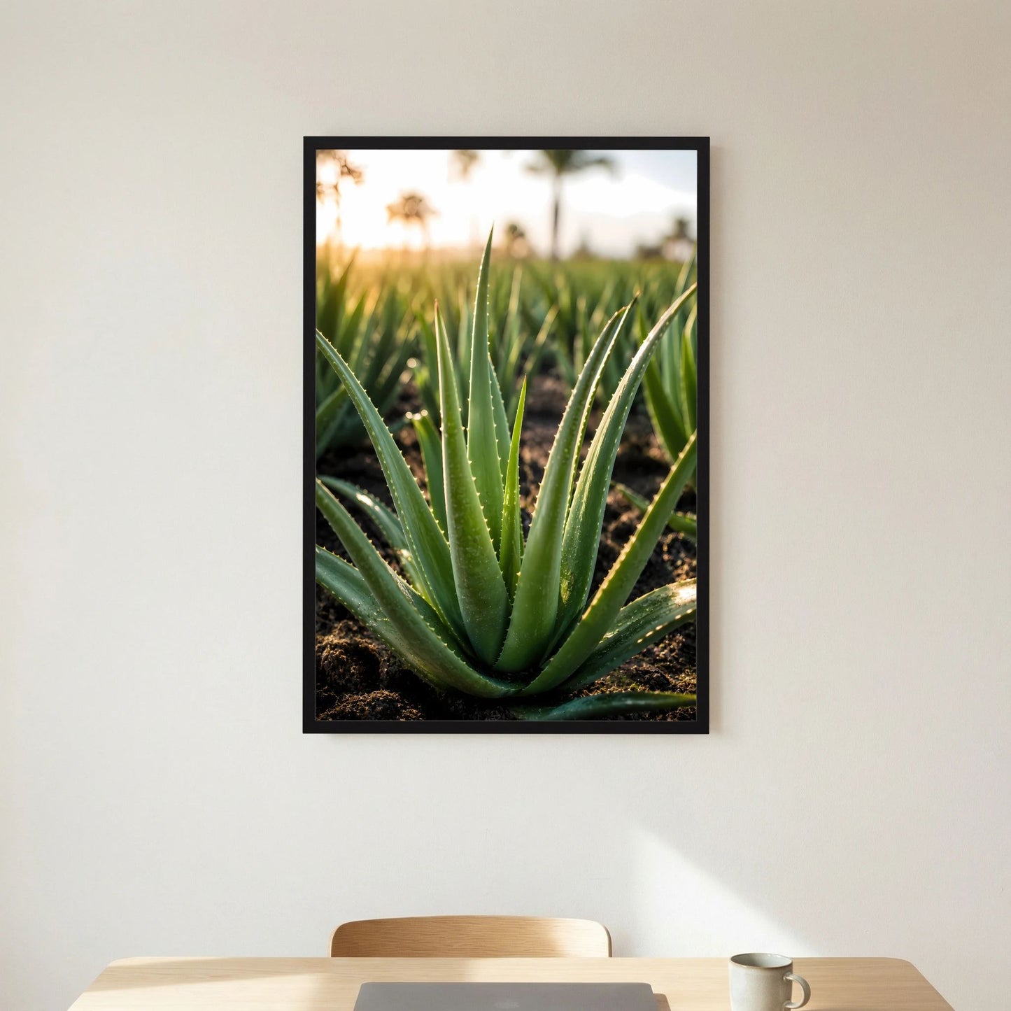 Poster mit Aloe-Vera-Zierpflanze, schwarzer Rahmen, seitliche Blätter, Hochformat.