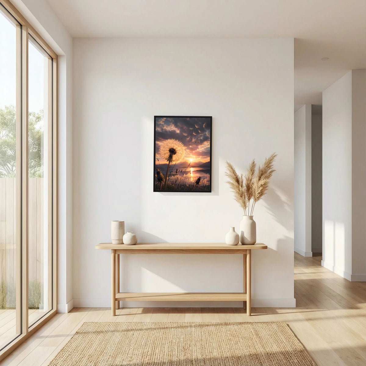 Hochformat-Poster mit Pusteblume und Sonnenuntergang, schwarzer Rahmen an der Konsole