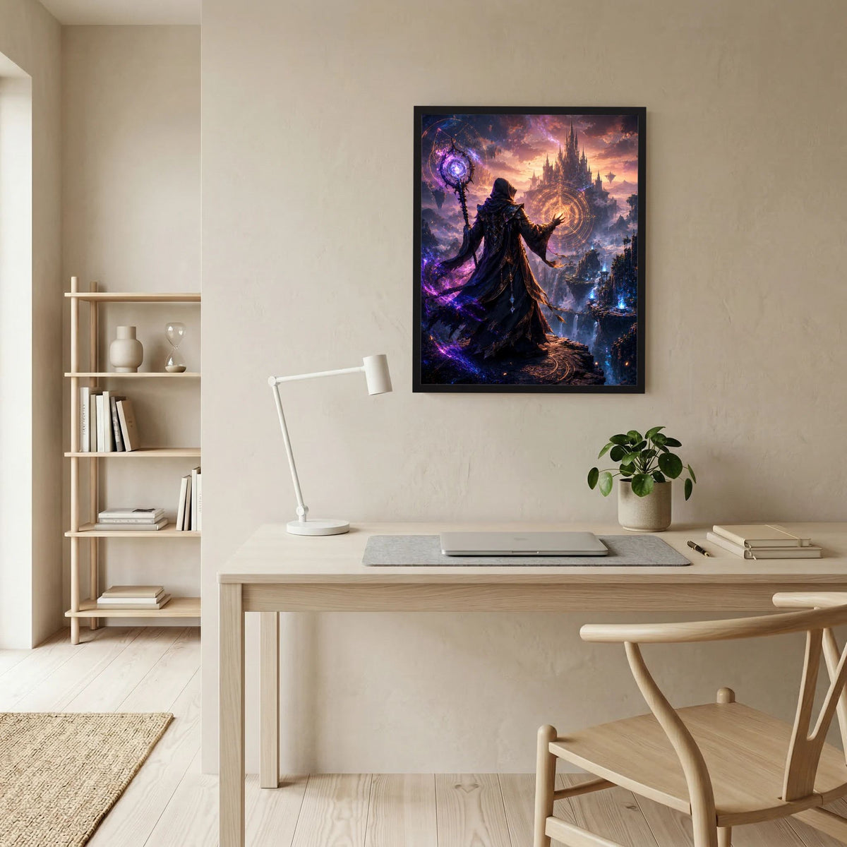 Kunstposter im Hochformat: Magier in dunklem Umhang, leuchtender Orb-Stab und Burg unter violettem Himmel