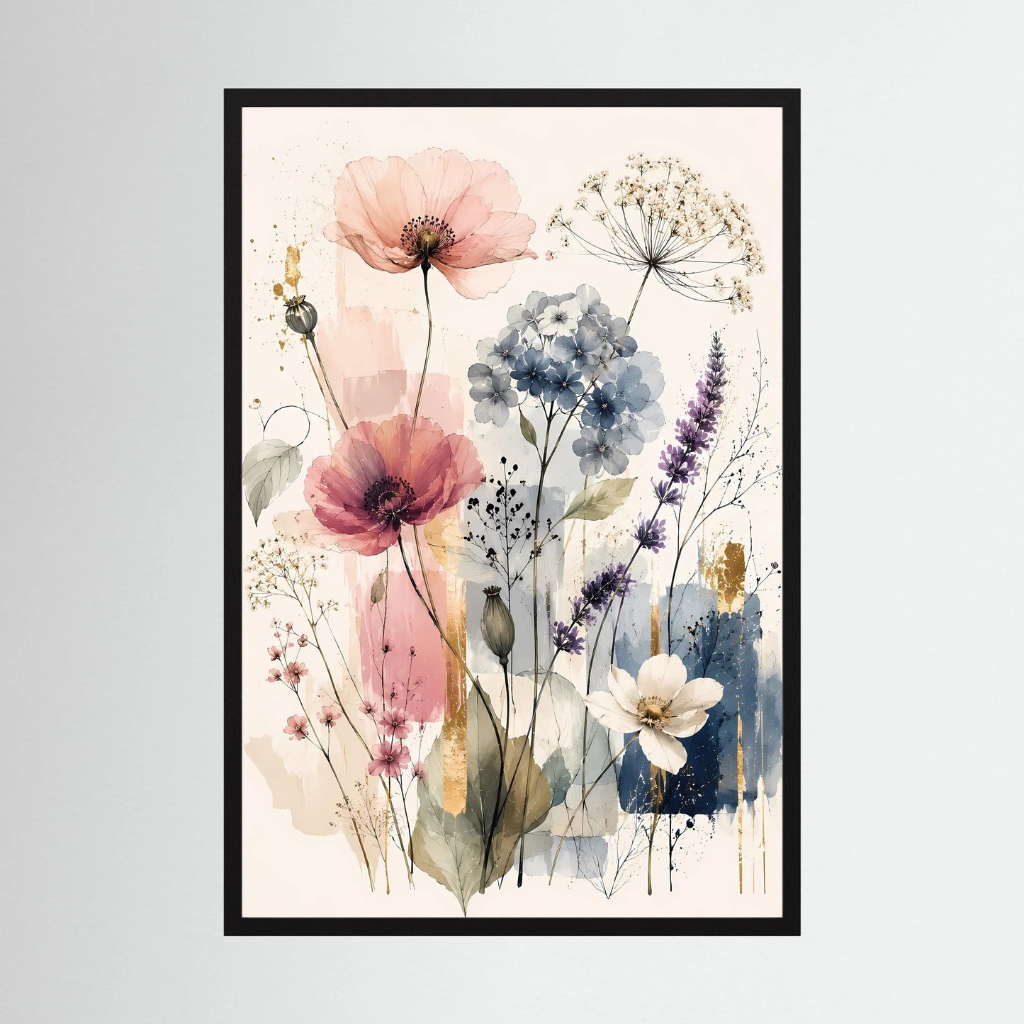 Kunstposter im Hochformat mit Wildblumen in Pastellrosa und Blau, schwarzer Rahmen