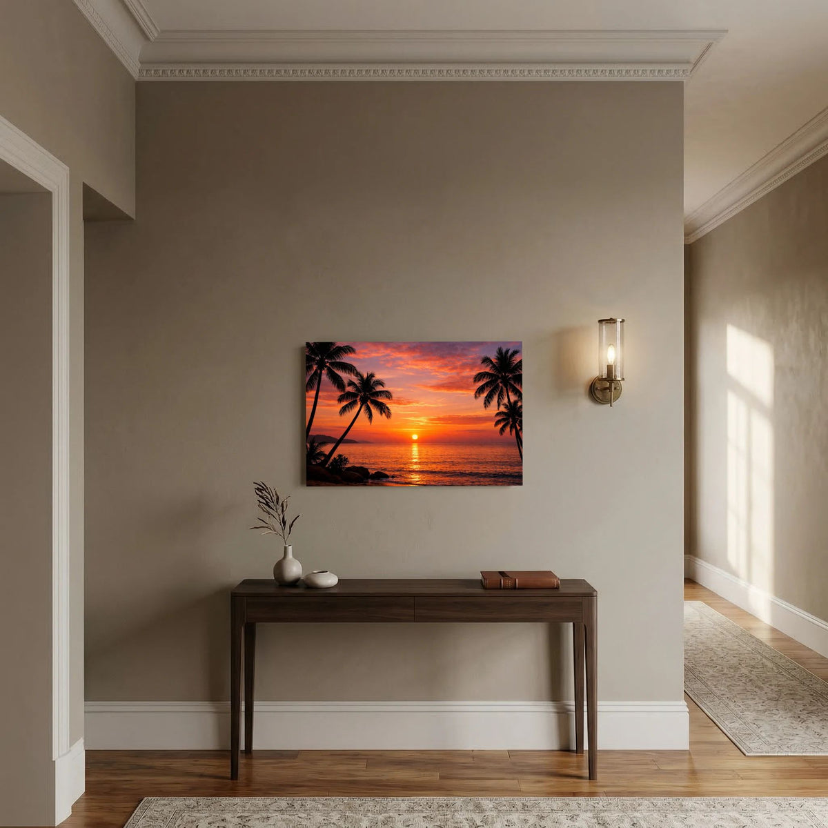 Wandbild mit tropischem Sonnenuntergang, Palmen-Silhouetten und Meer in Querformat