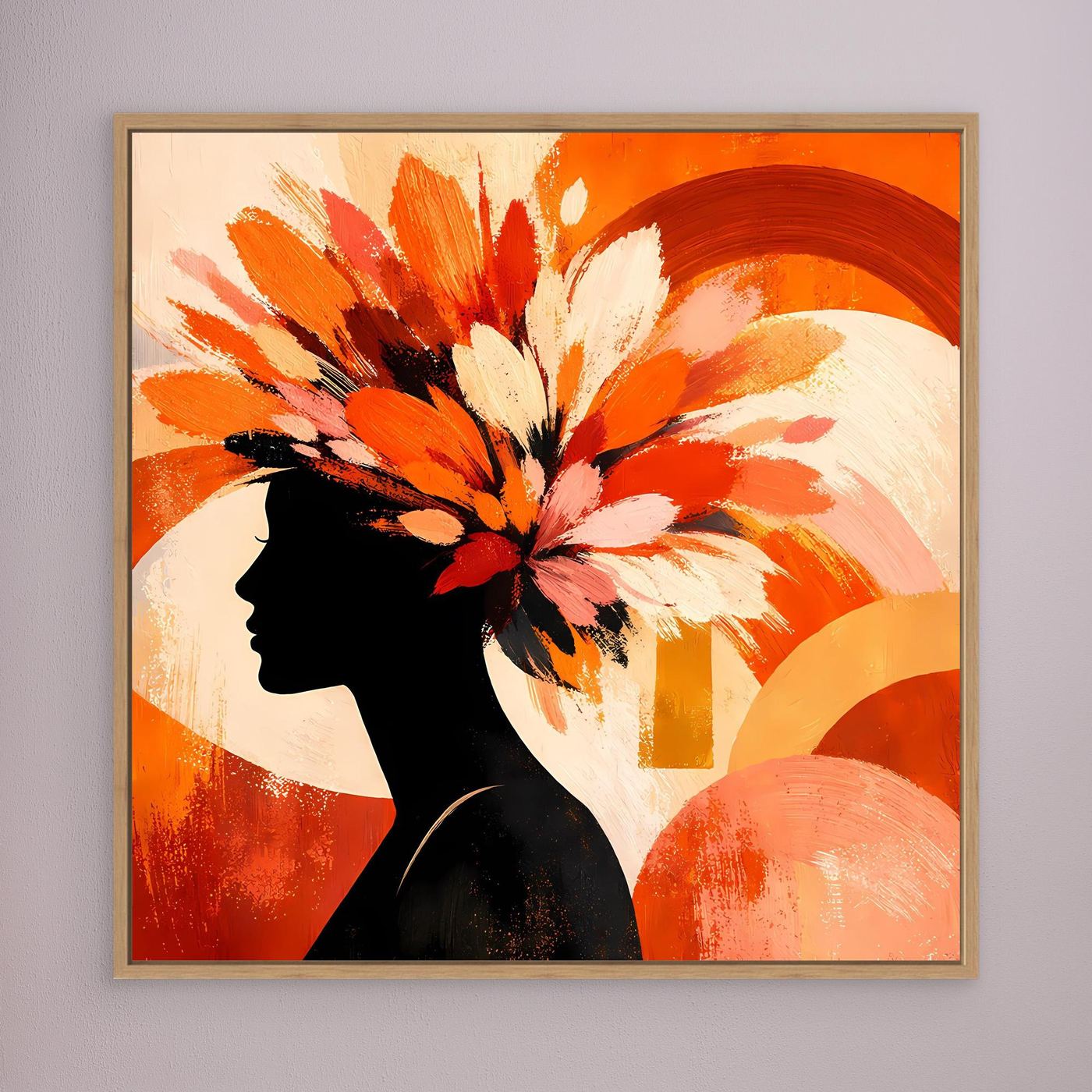 Leinwandbild mit abstrakter Frauen-Silhouette und Blumenkranz, braunem Holzrahmen