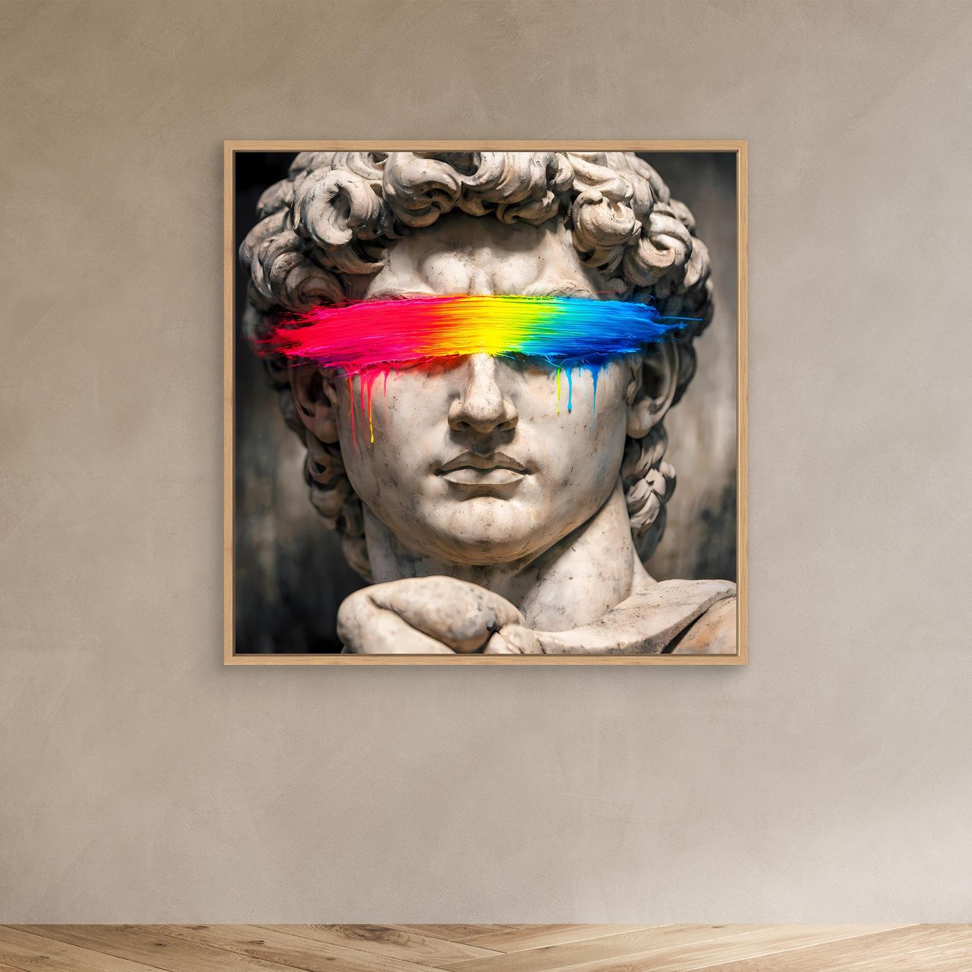 Leinwandbild mit David-Statue und Regenbogen-Farbbalken, Holzrahmen am Wandbild