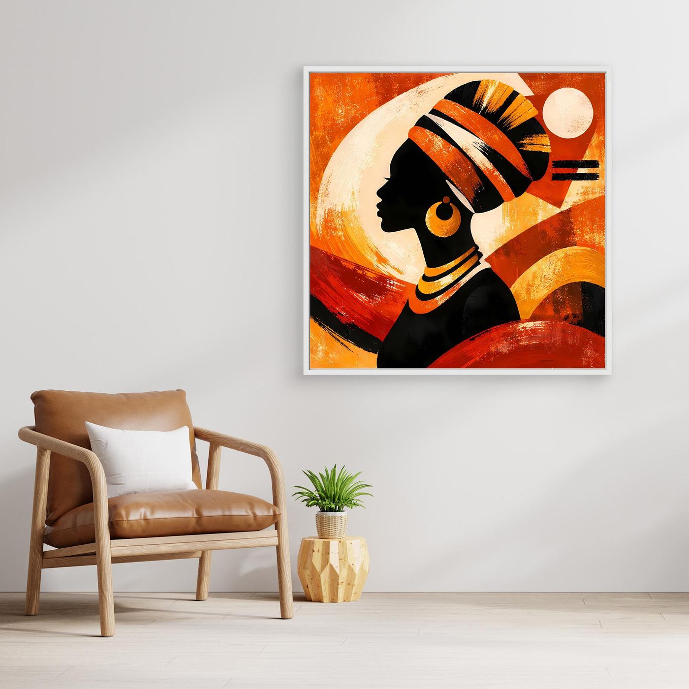 Leinwandbild mit abstrakter Porträtfrau, orange-goldene Farbflächen, goldfarbener Rahmen