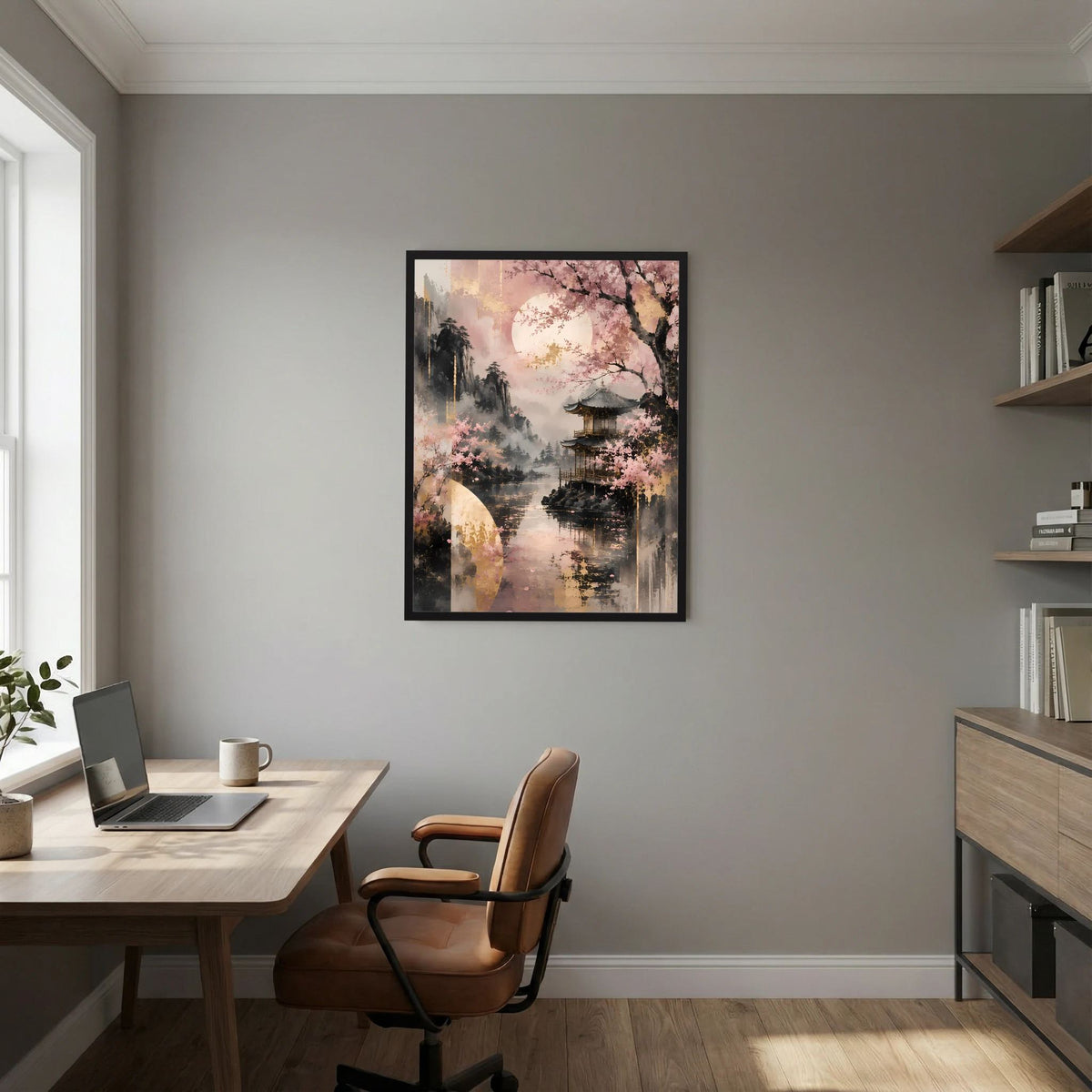 Hochformatposter Kirschblüten am Wasser mit Tempelgebäude, Rosa und Gold, schwarzer Rahmen