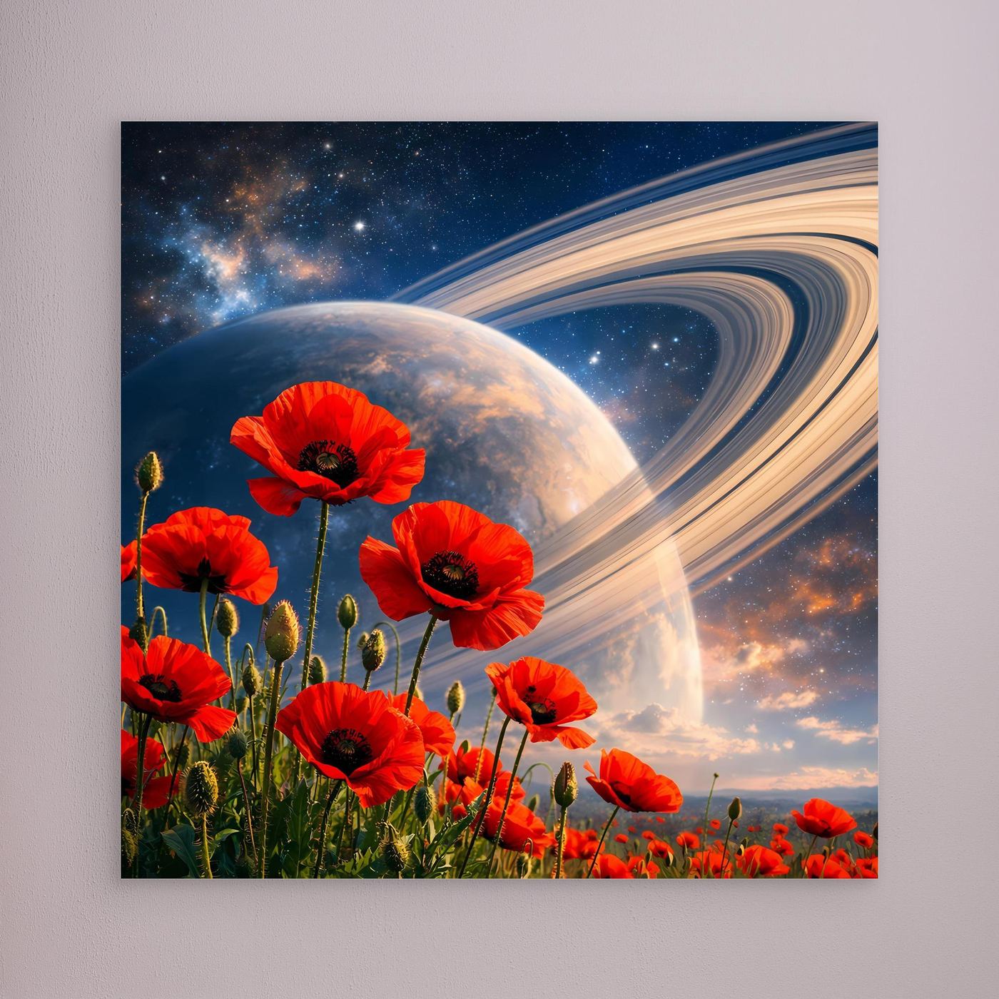 Leinwandbild mit roten Mohnblumen, Planet und Spiralnebel im Weltraum, ohne Rahmen