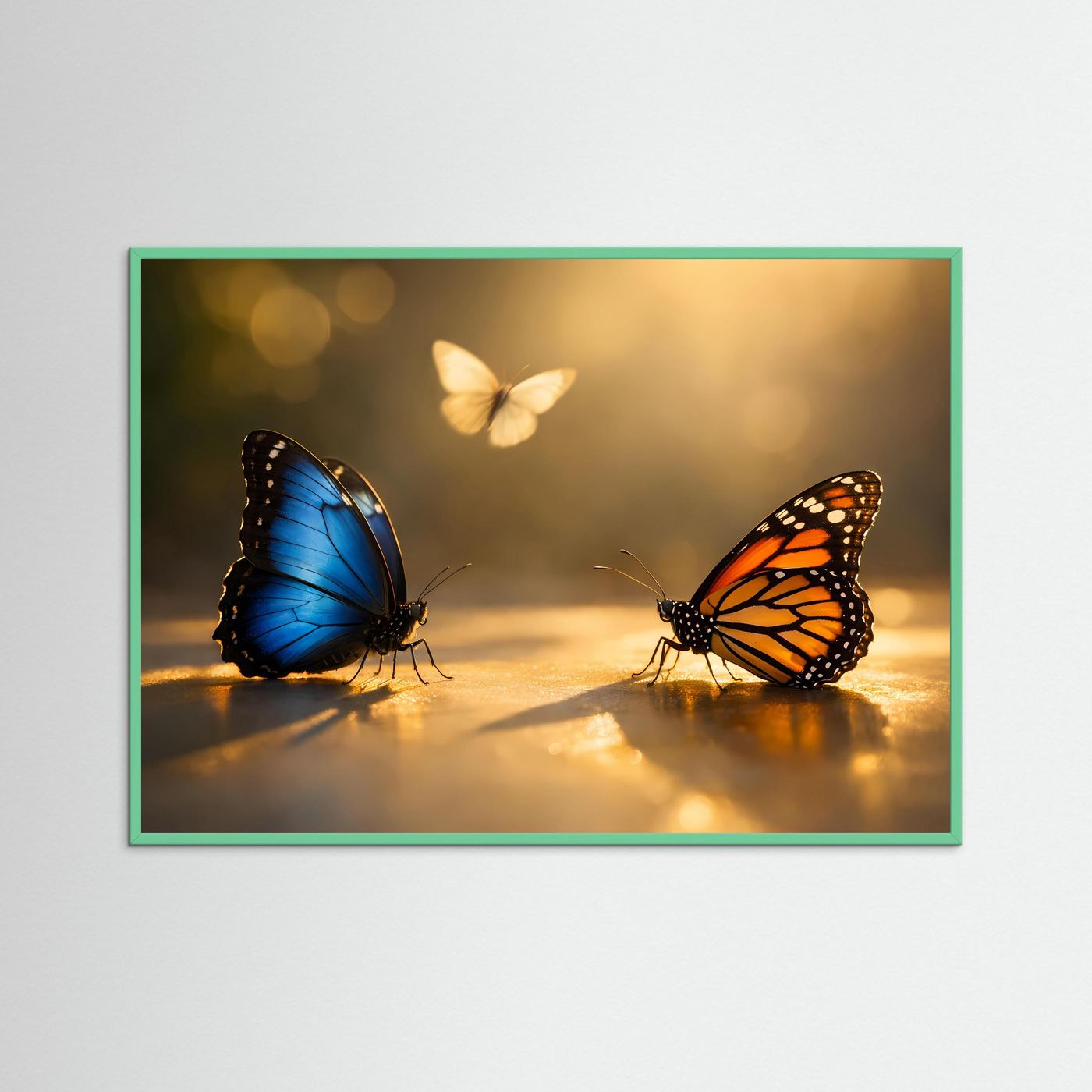 Poster im Querformat mit blauem und orangefarbenem Schmetterling, grüner Rahmen