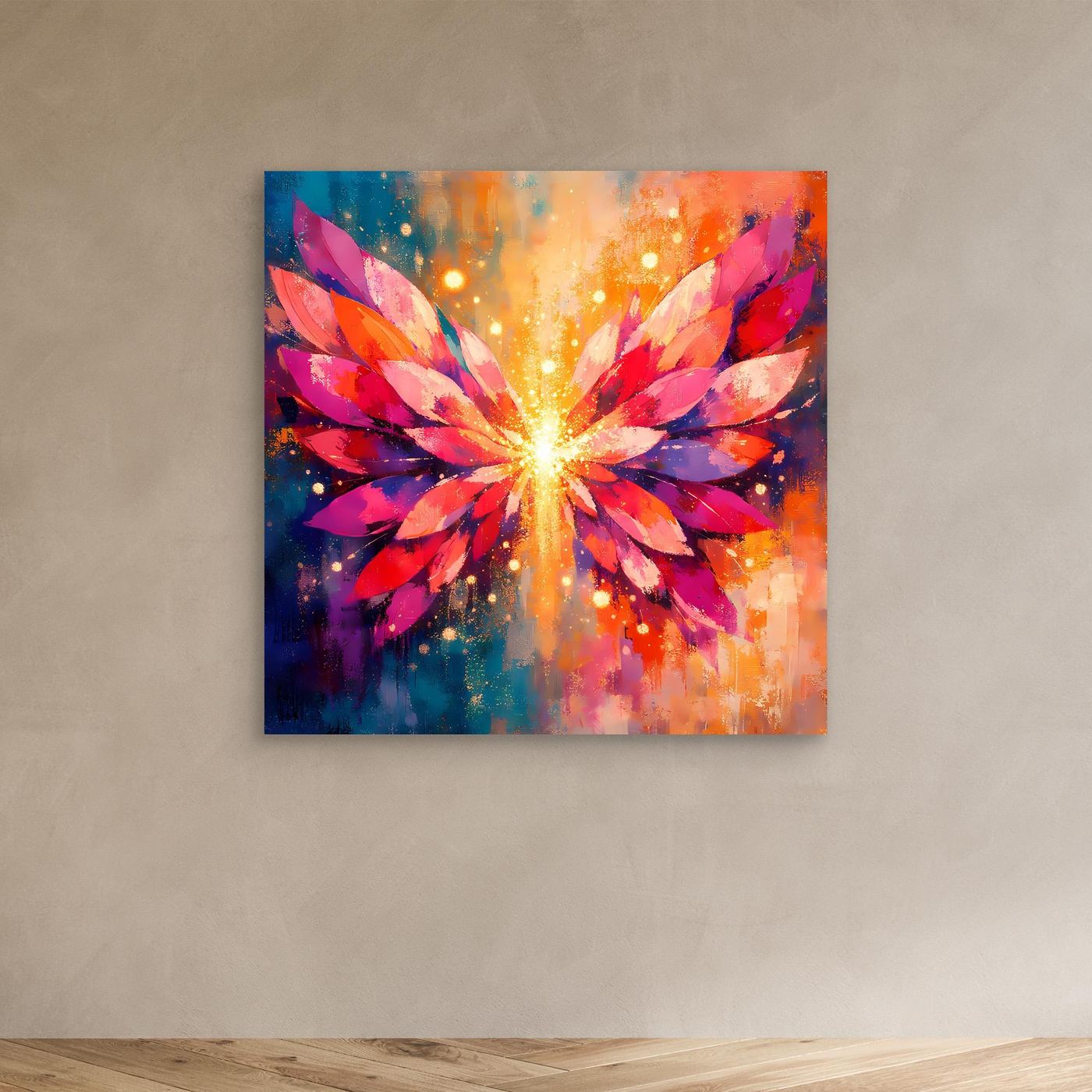 Wandbild mit leuchtenden Engelsflügeln im Lichtstrahl, abstraktes Design mit Farbverlauf in warmen Tönen
