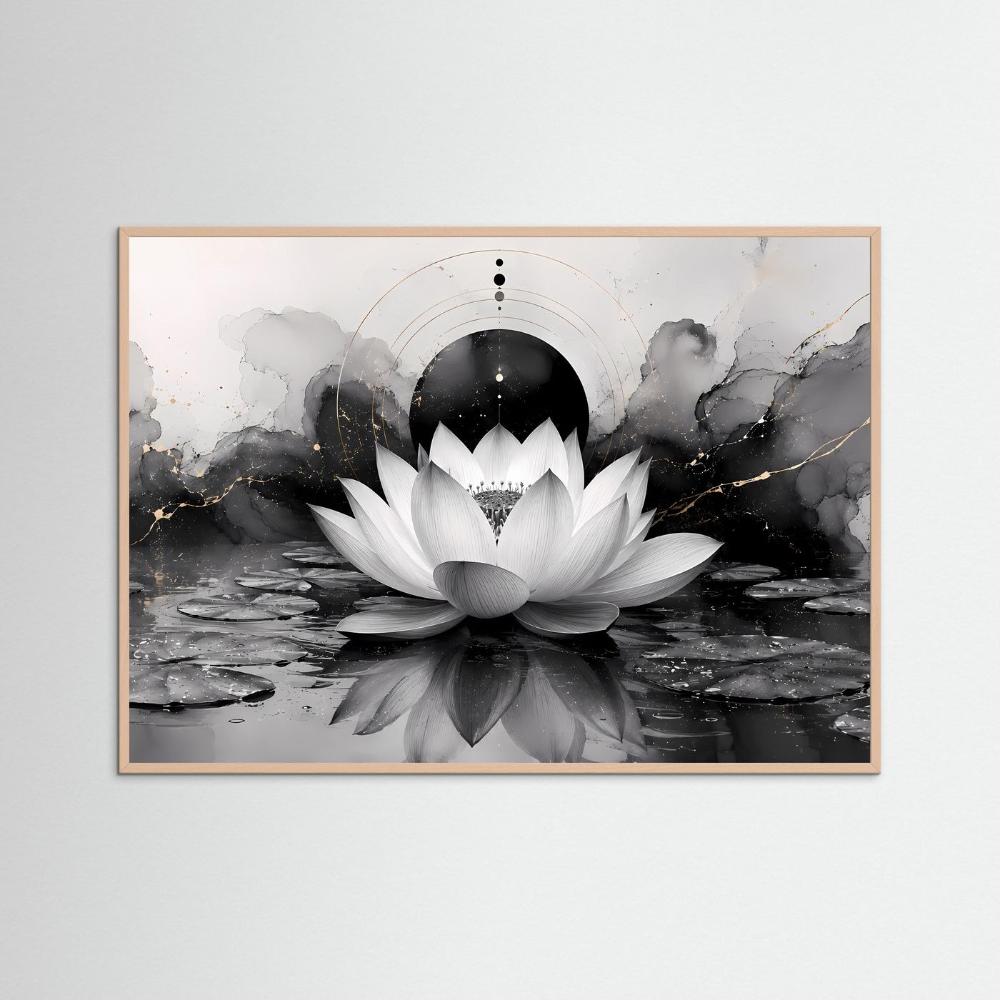 Weiße Lotusblüte in Schwarz & Gold | Elegante Zen Kunst