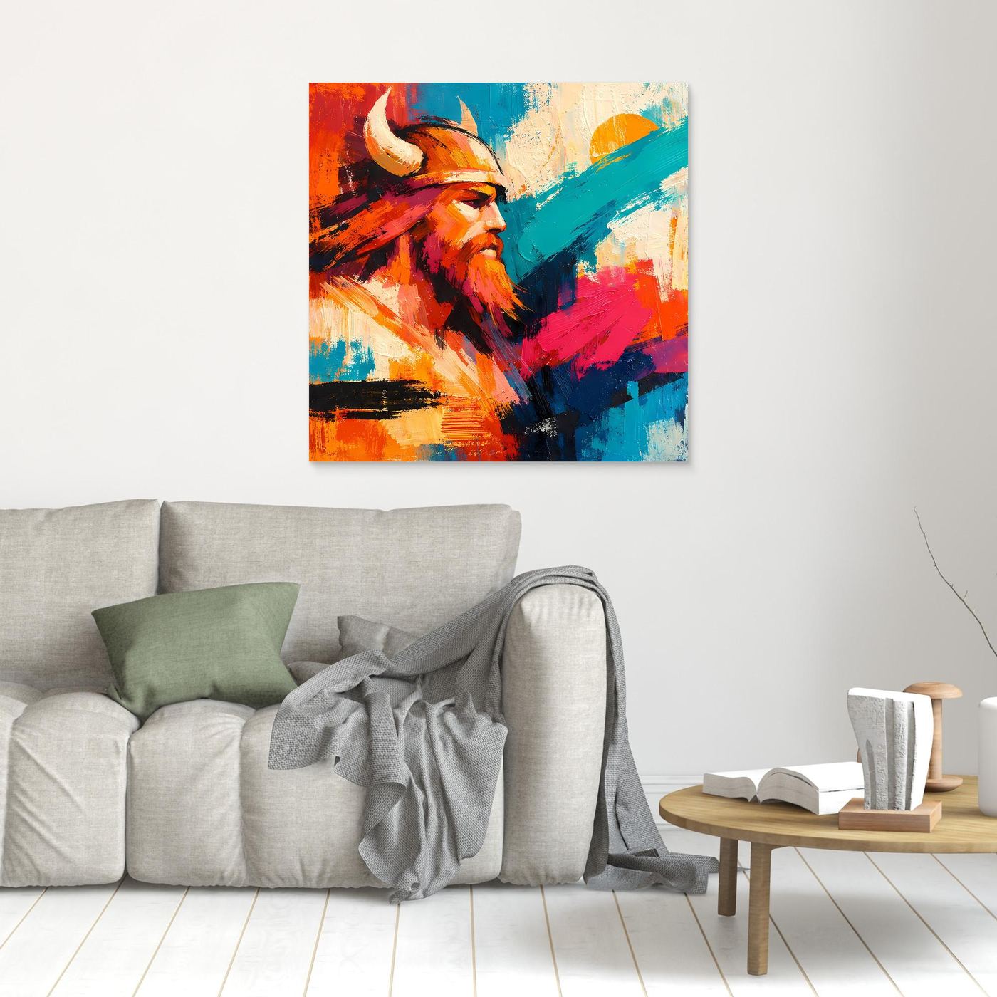 Quadratisches Leinwand-Wandbild mit abstraktem Wikingerprofil in Orange und Blau