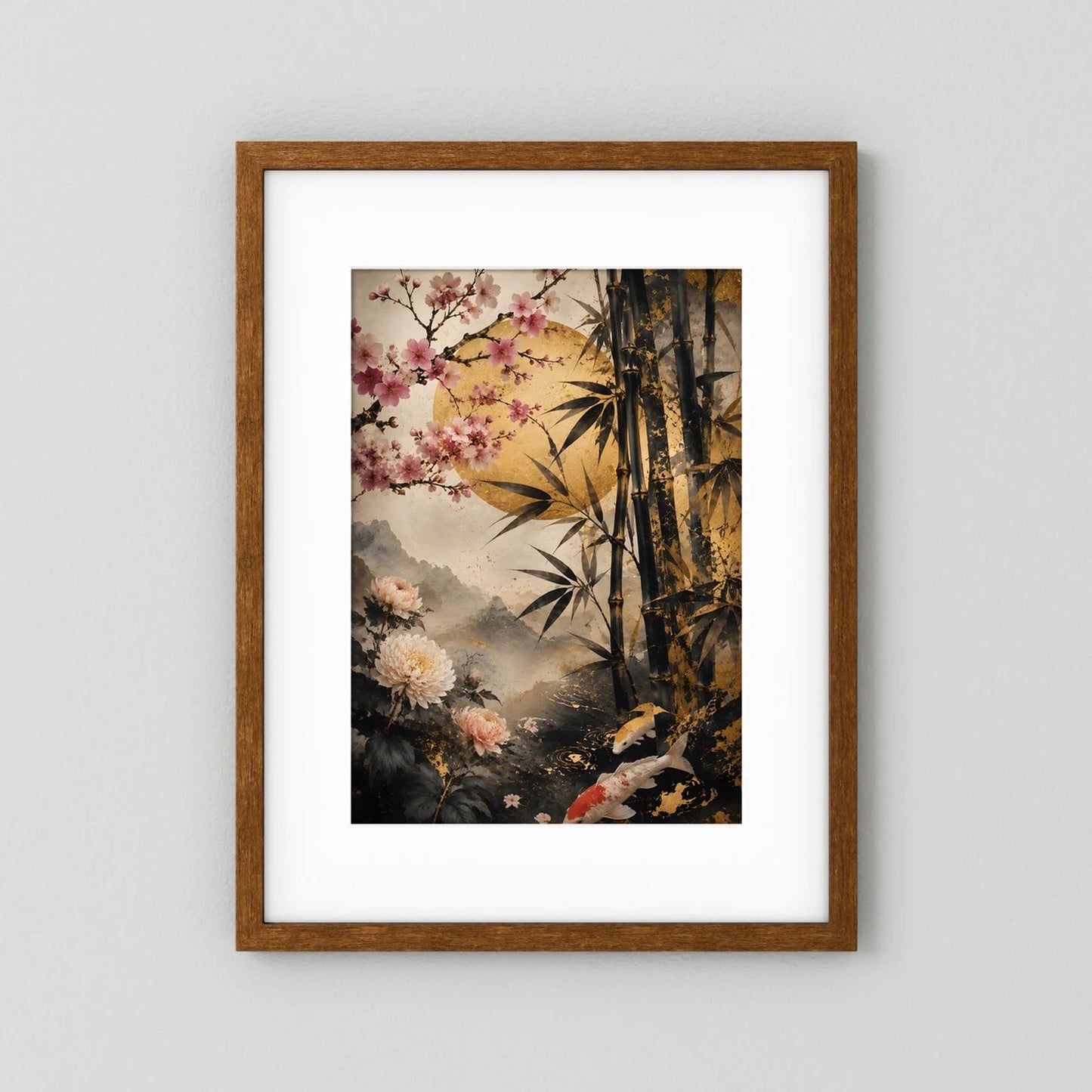 Japanposter Hochformat mit Koi, Kirschblüten und Bambus im Schwarz-Gold-Look, dunkler Eichenrahmen
