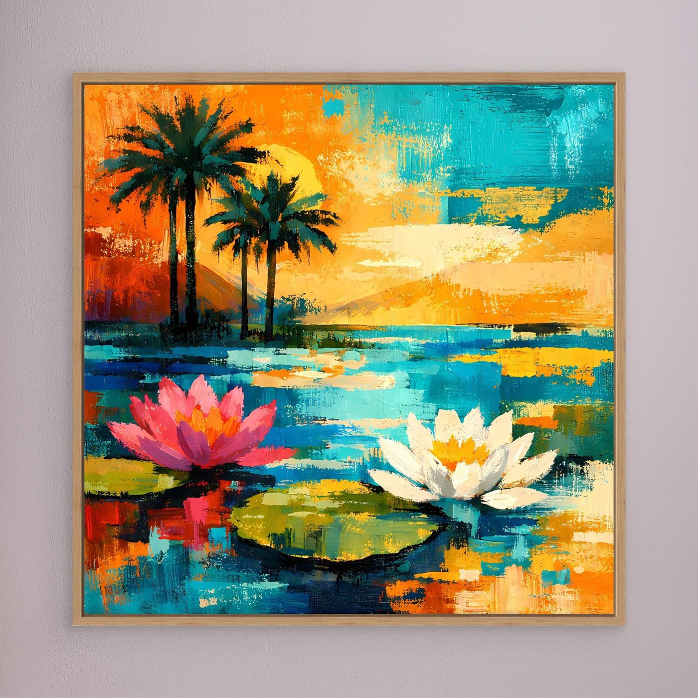 Gerahmtes Leinwand-Wandbild: Palmen am Wasser, Seerosen und kräftige Farbmuster in Blau und Orange