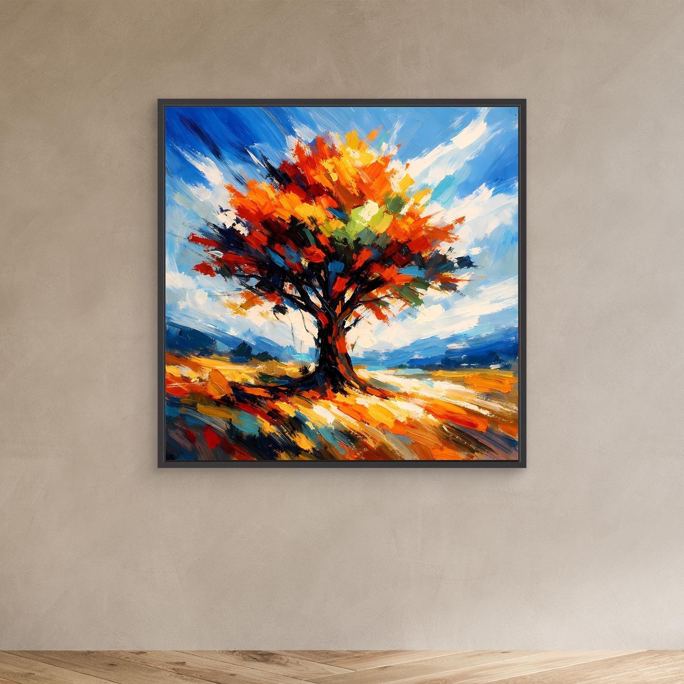 Leinwandbild mit Herbstbaum in Impasto-Optik, orangefarbene Krone, schwarzer Rahmen