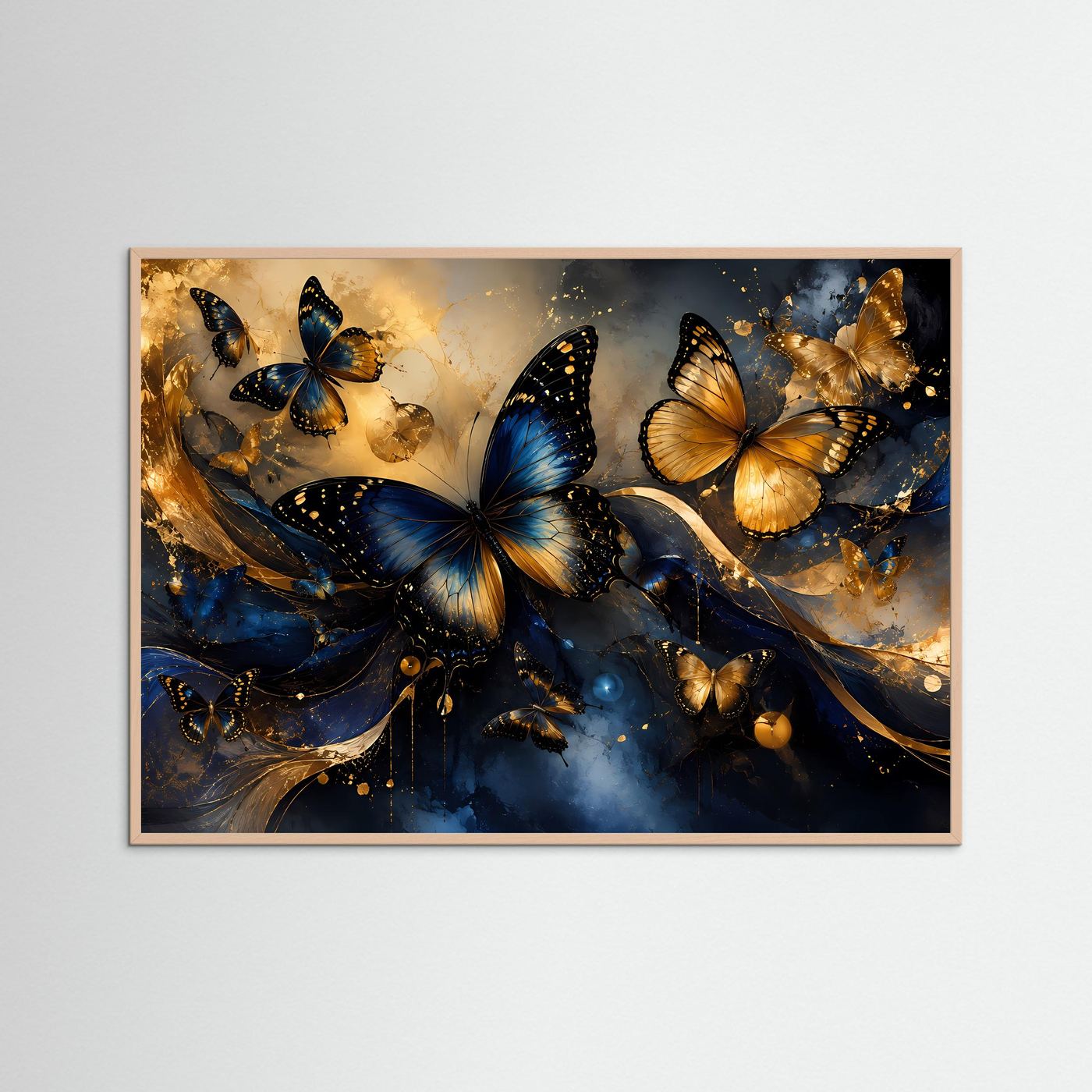 Goldene & Blaue Schmetterlinge | Luxuriöse abstrakte Schmetterlingskunst in Gold und Dunkelblau