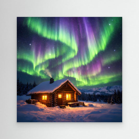 Leinwandbild mit Polarlichtern und Hütte im Winter, warm beleuchtete Fenster
