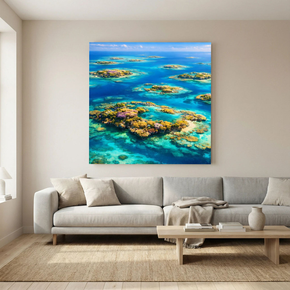 Quadratisches Leinwandbild auf Holzkeilrahmen mit tropischen Koralleninseln im türkisblauen Meer