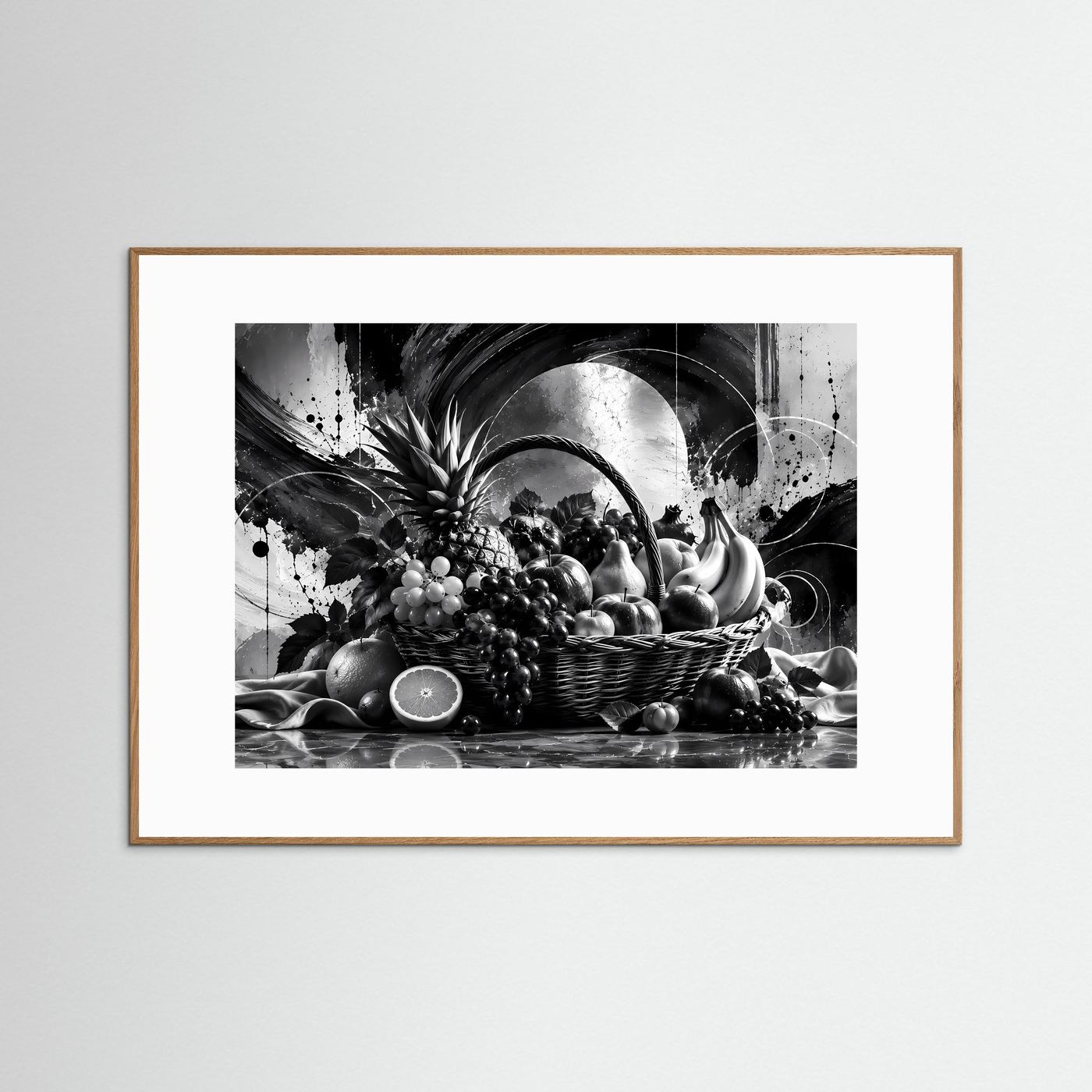 Schwarz-Weiß Obstkorb Poster | Modernes Stillleben Wandbild | Monochrome Früchte Kunst | Elegante Küchen Deko | Abstrakte Wall Art