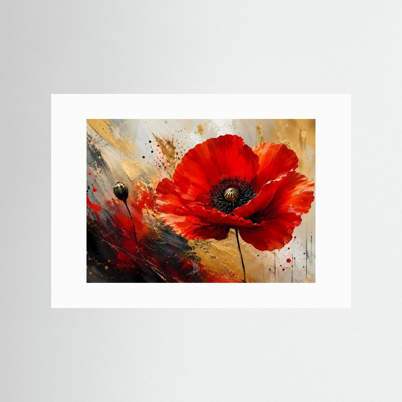 Roter Mohn in Gold & Schwarz | Abstrakte Mohnblume Wandkunst