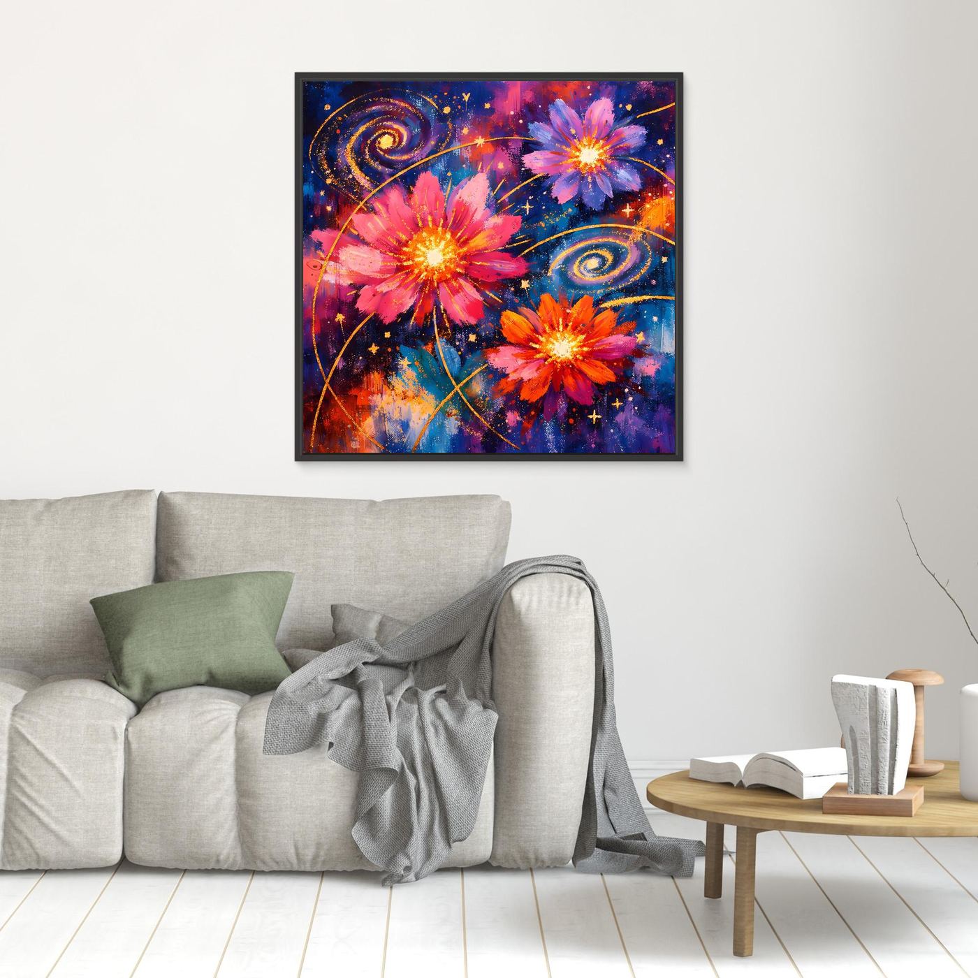 Kleines Wandbild mit rosa Blüten und Sternspiralen, schwarz gerahmt